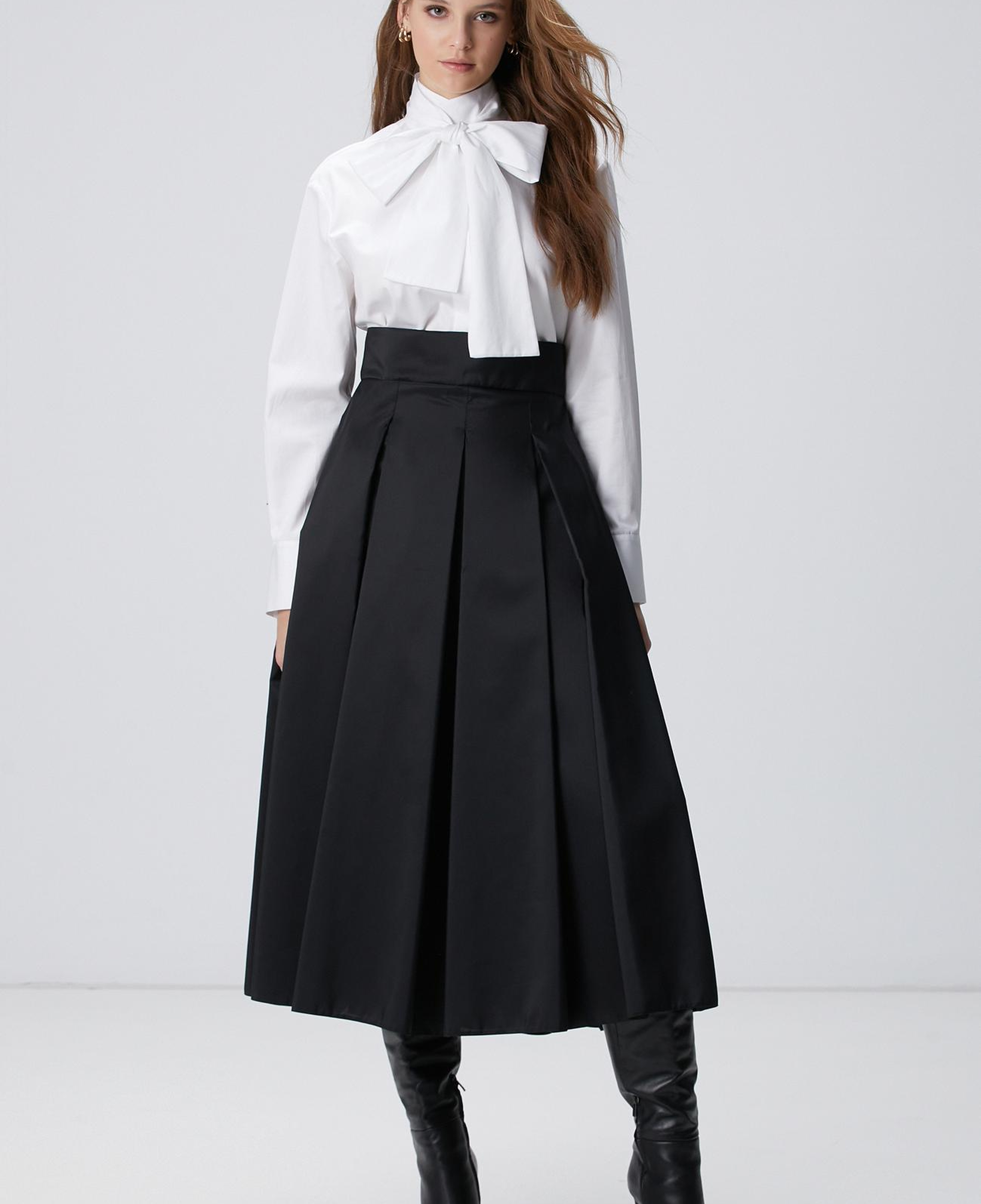 Network Kadın Siyah Midi Boy Pileli Saten Etek