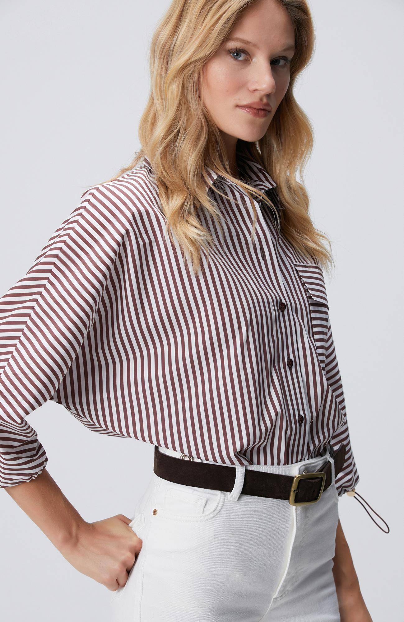 Network Kadın Bordo Kırık Beyaz Çizgi Desenli Gömlek