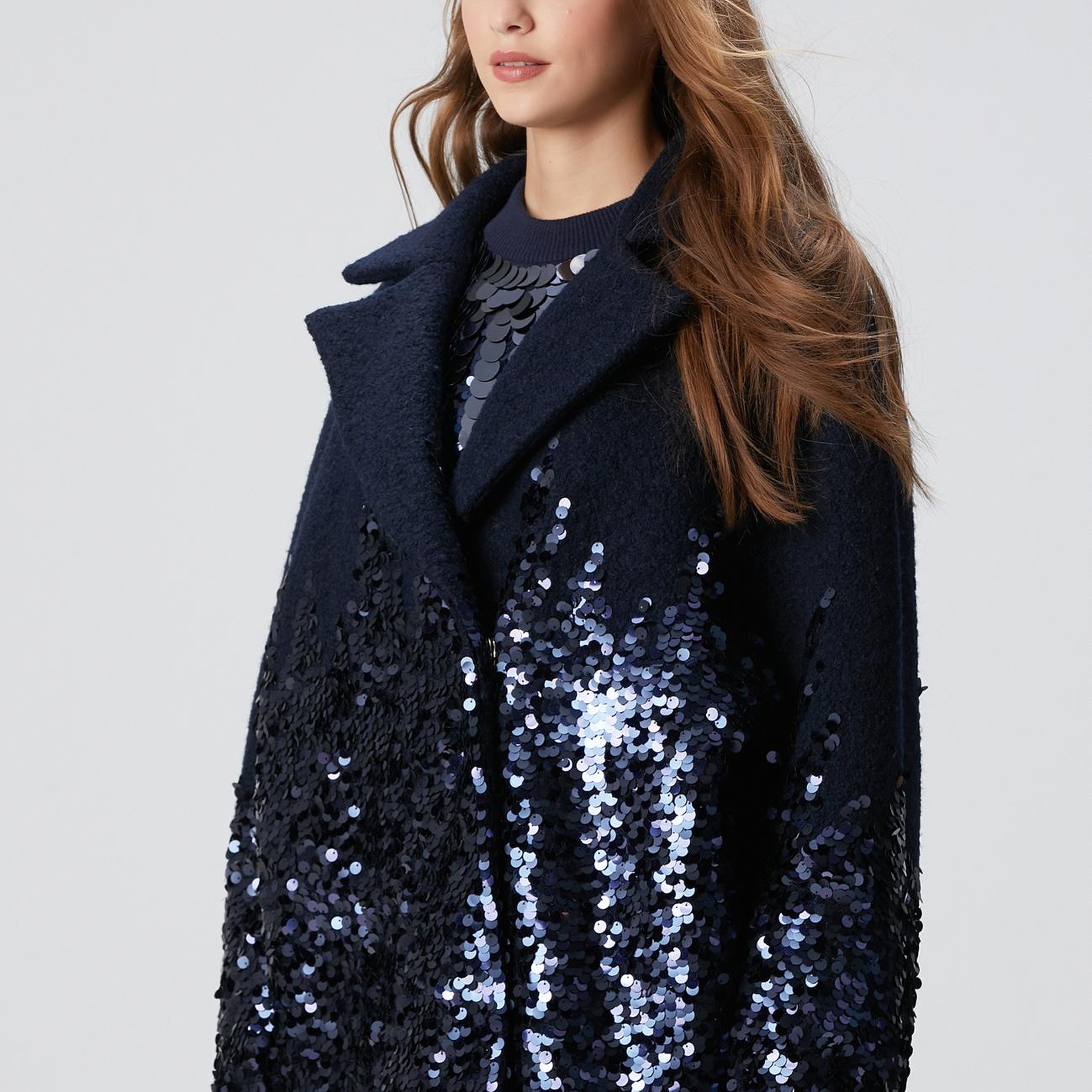 Network Kadın Lacivert Yün Karışımlı Payet Detaylı Kaban