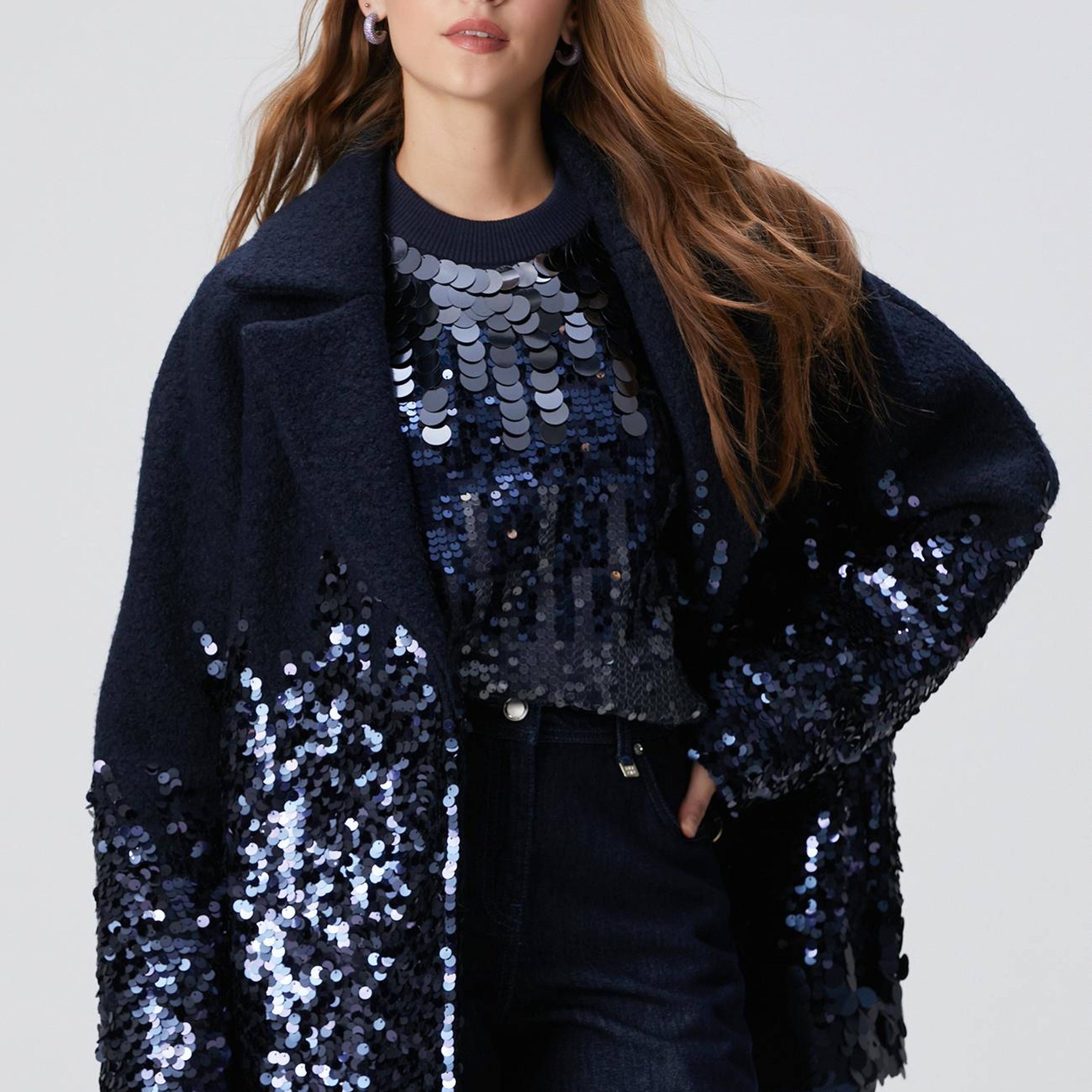 Network Kadın Lacivert Yün Karışımlı Payet Detaylı Kaban