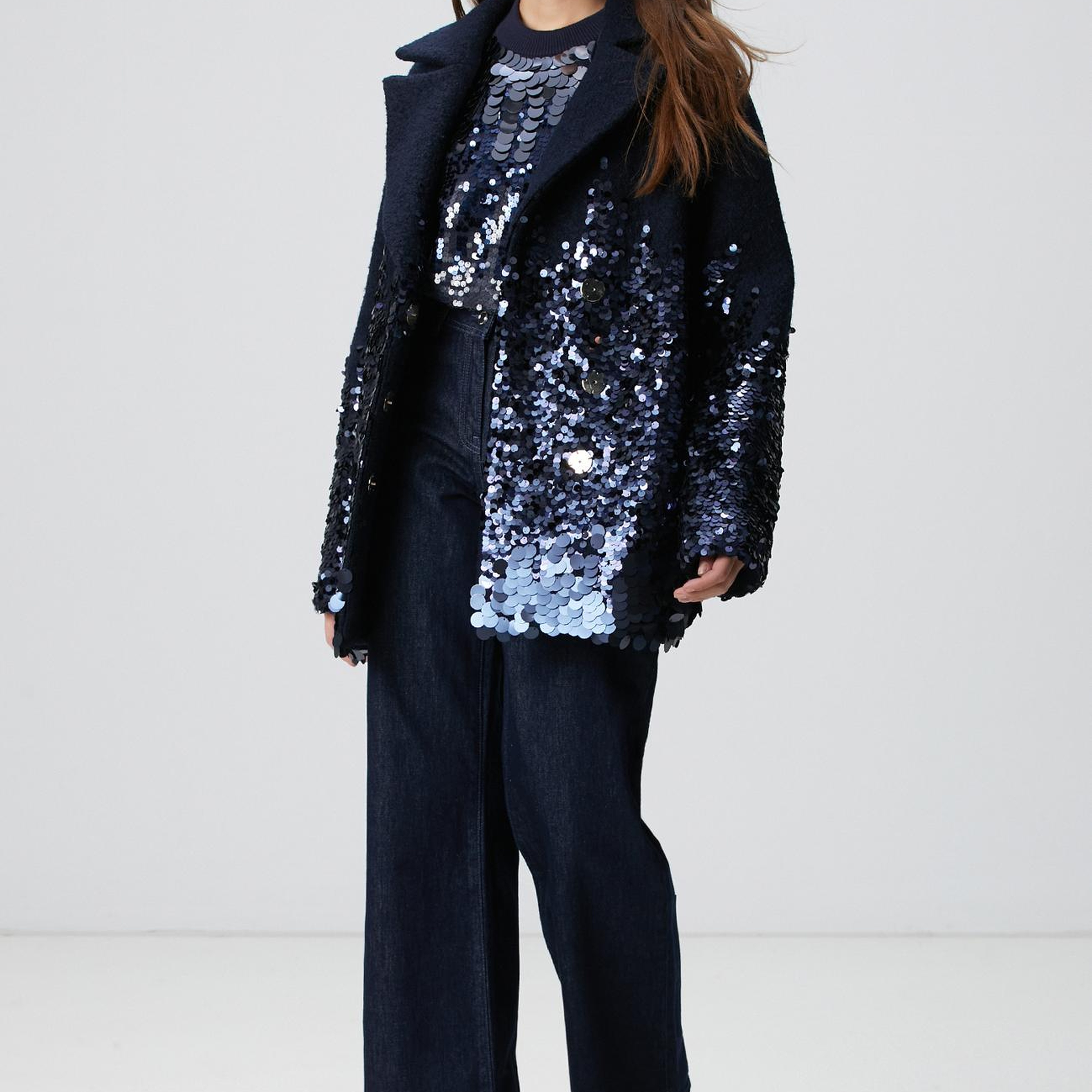 Network Kadın Lacivert Yün Karışımlı Payet Detaylı Kaban