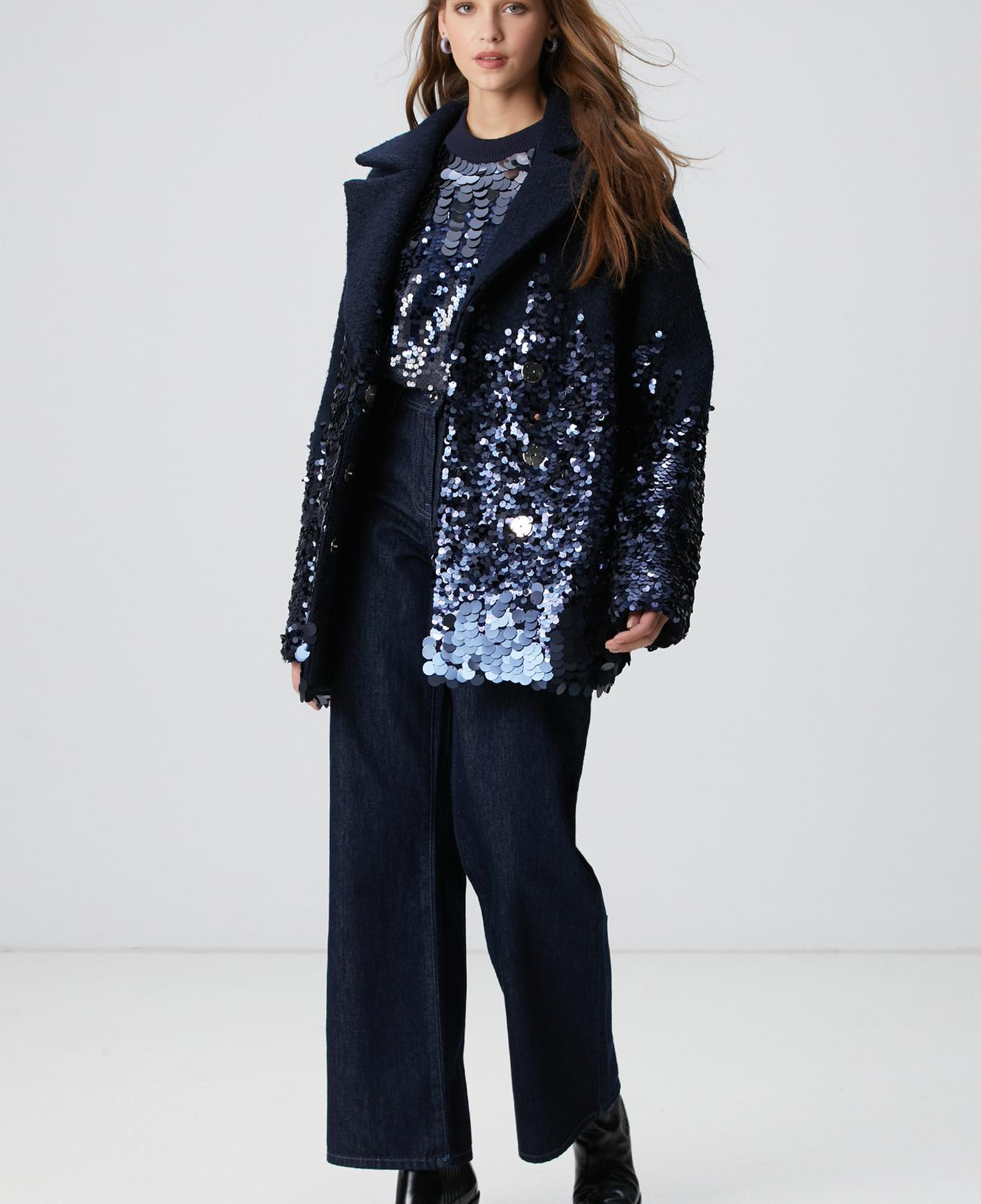 Network Kadın Lacivert Yün Karışımlı Payet Detaylı Kaban