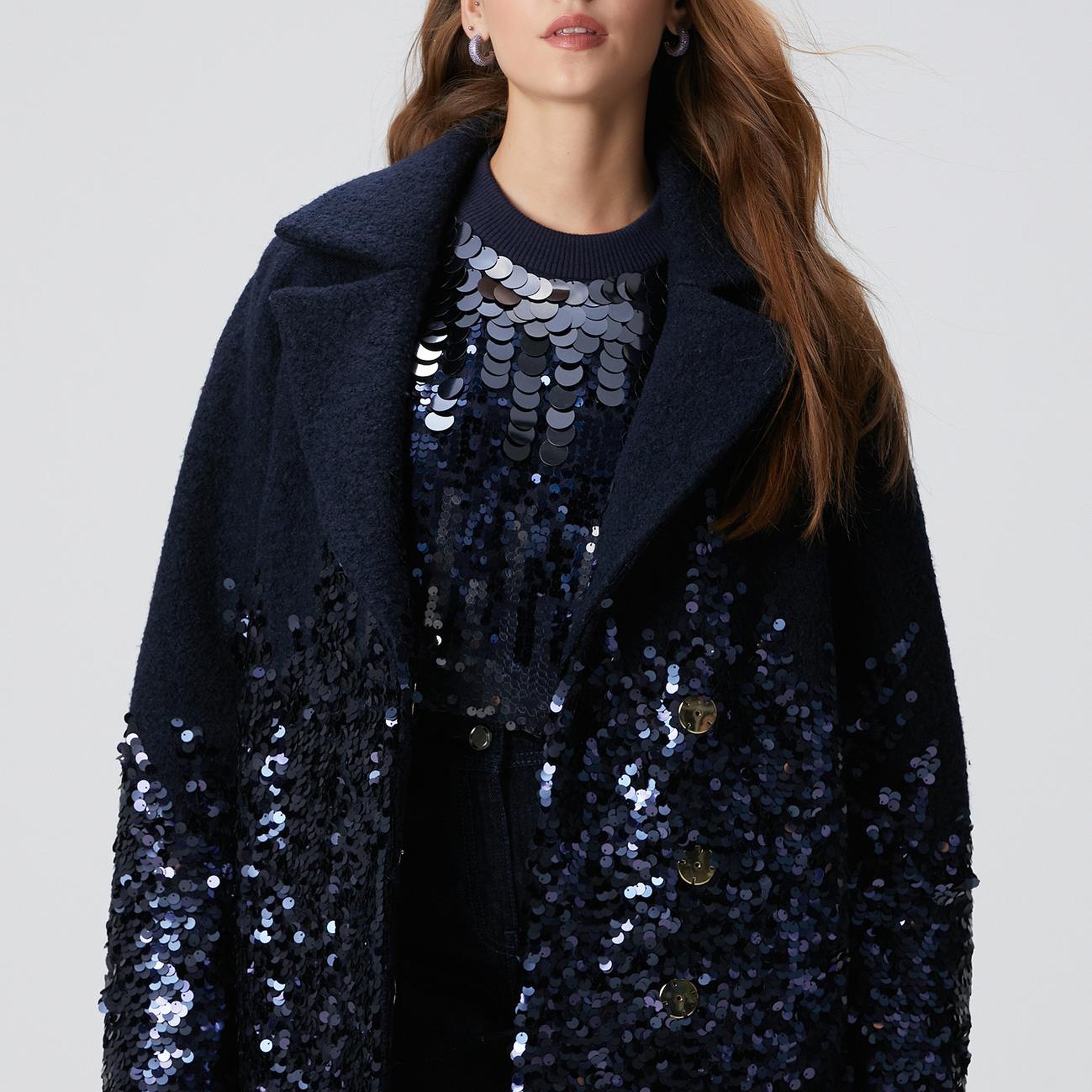 Network Kadın Lacivert Yün Karışımlı Payet Detaylı Kaban