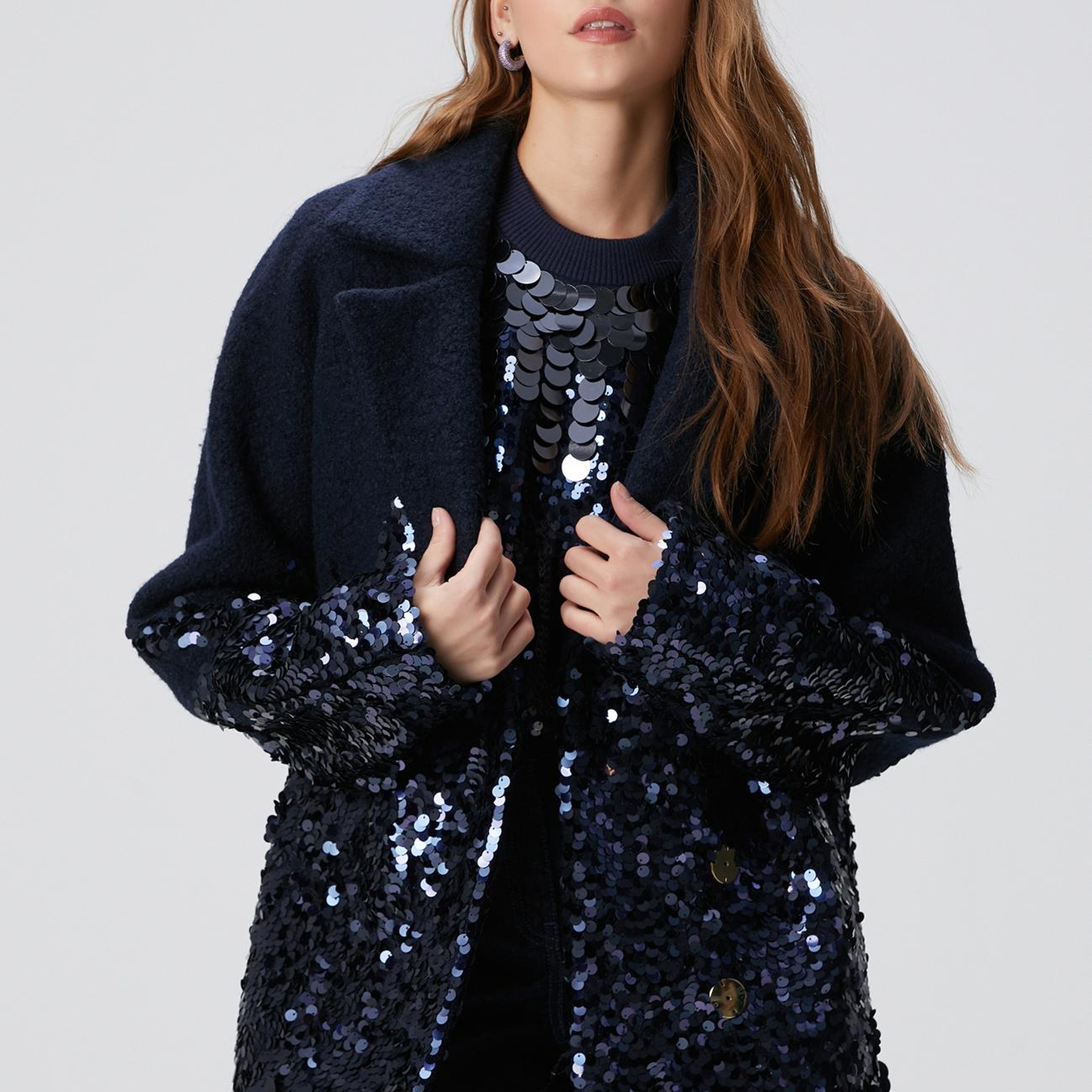 Network Kadın Lacivert Yün Karışımlı Payet Detaylı Kaban