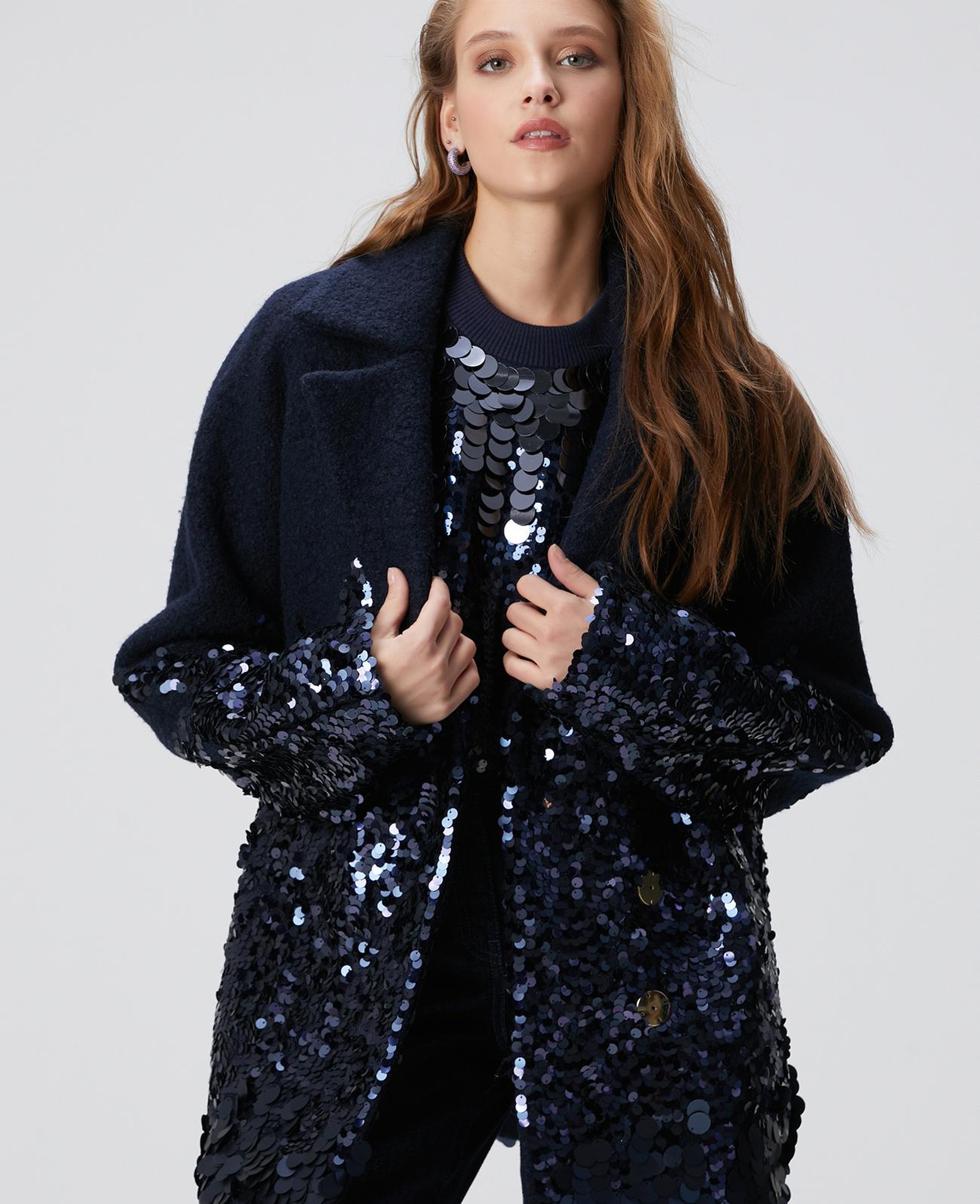 Network Kadın Lacivert Yün Karışımlı Payet Detaylı Kaban