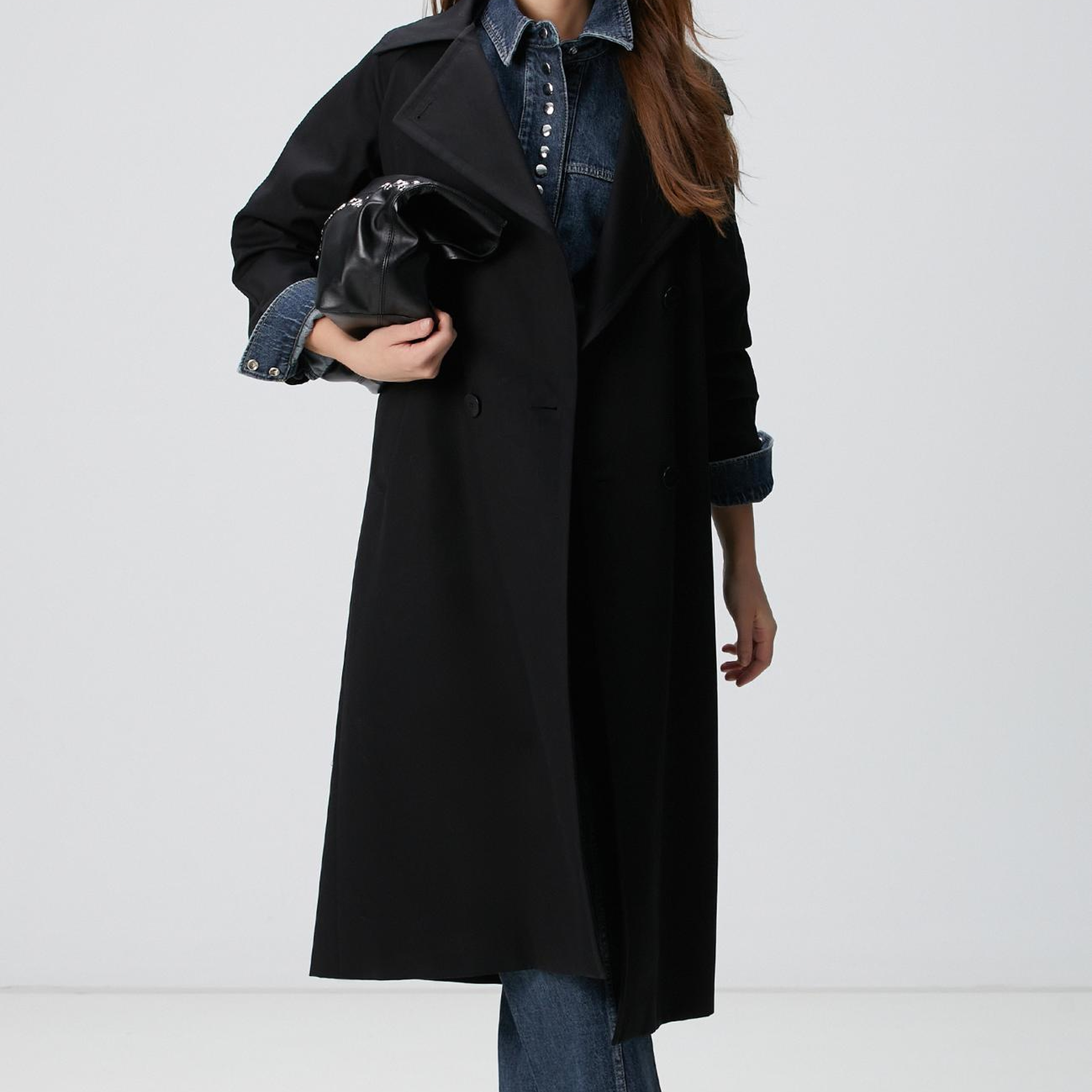 Network Kadın Siyah Kruvaze Trençkot