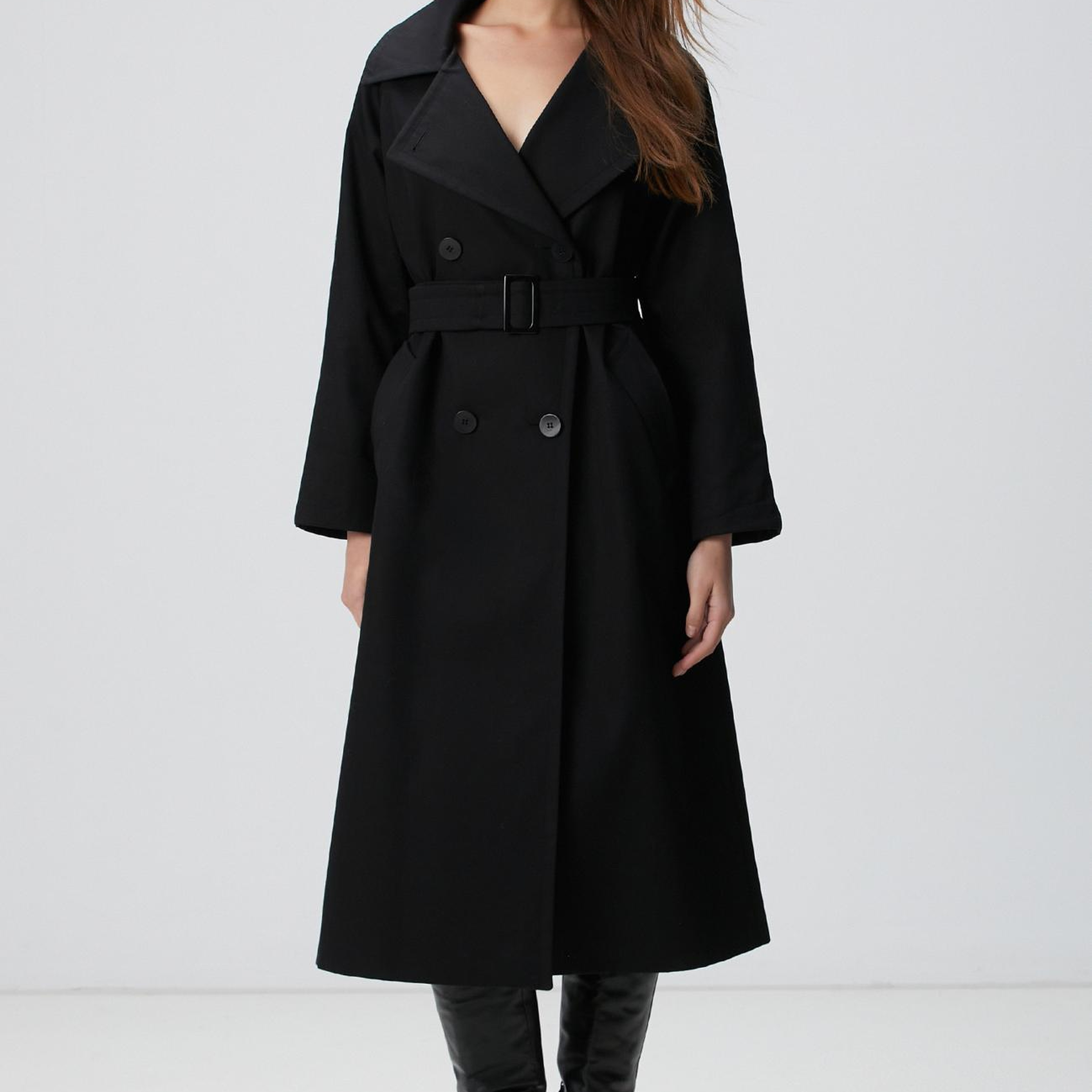 Network Kadın Siyah Kruvaze Trençkot