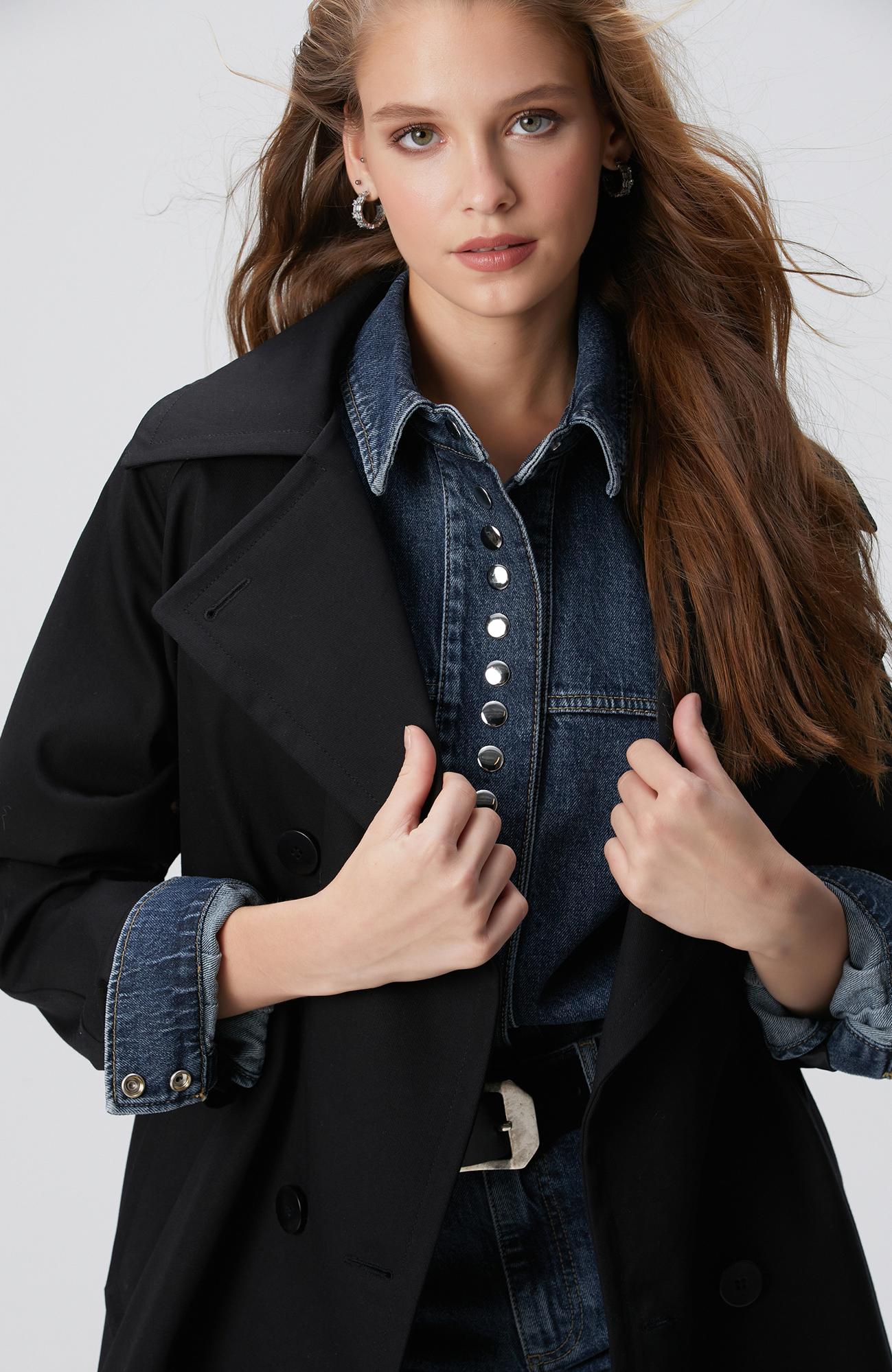 Network Kadın Siyah Kruvaze Trençkot