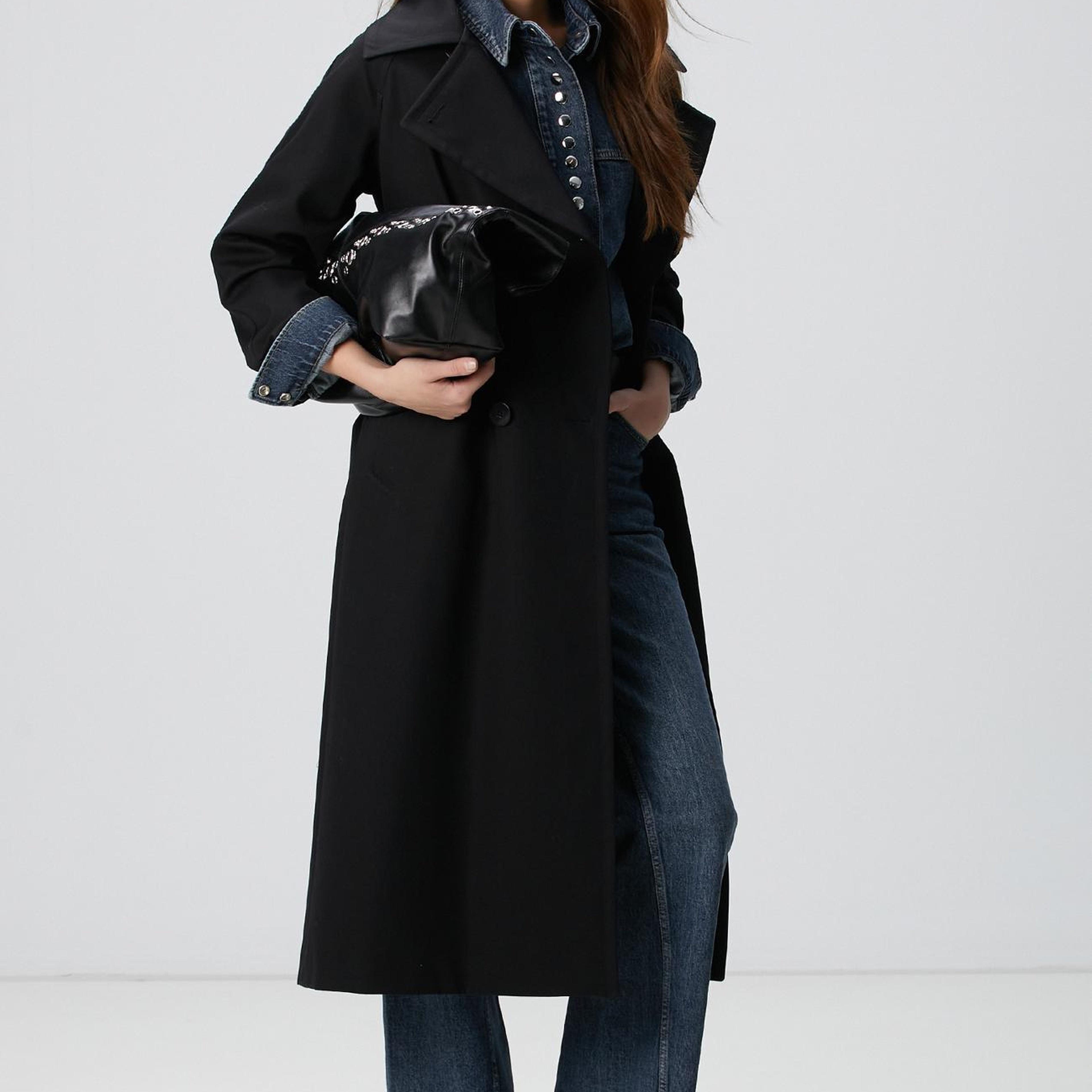 Network Kadın Siyah Kruvaze Trençkot