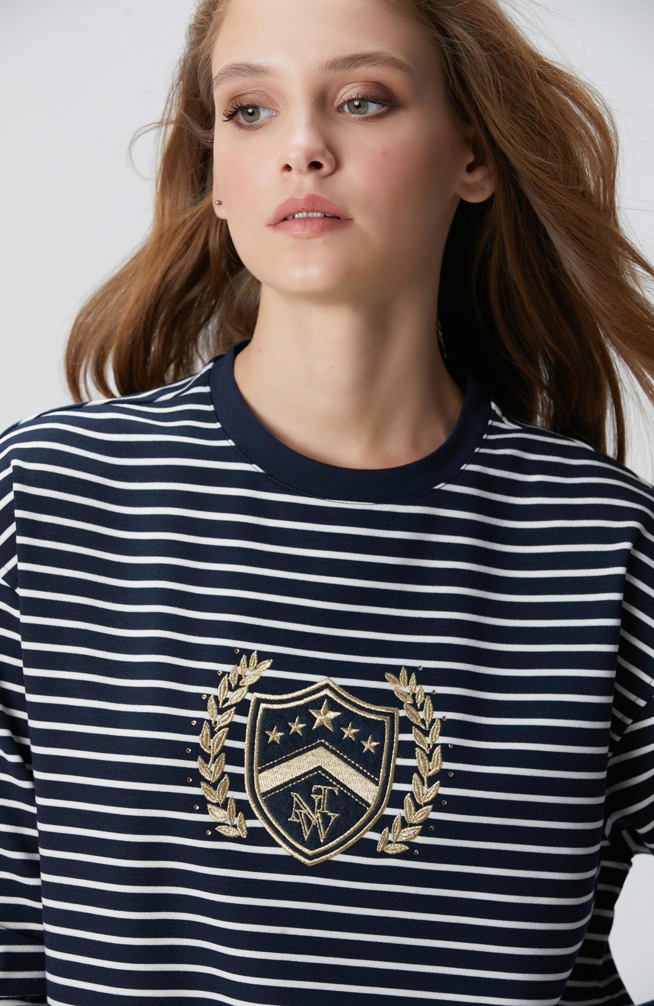 Network Kadın Lacivert Beyaz Dokuma Garnili Sweatshirt