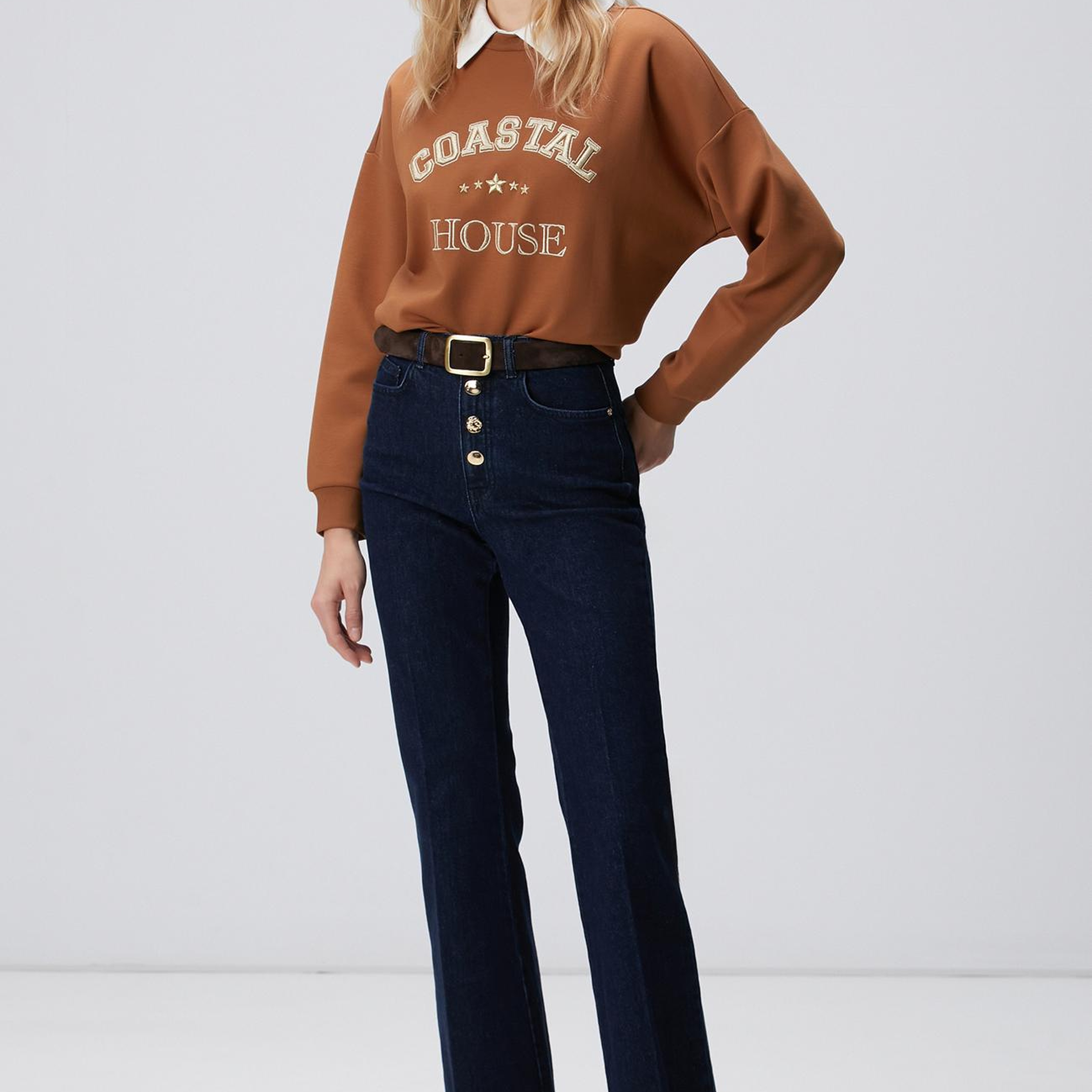 Network Kadın Camel Denim Yakalı Sweatshirt