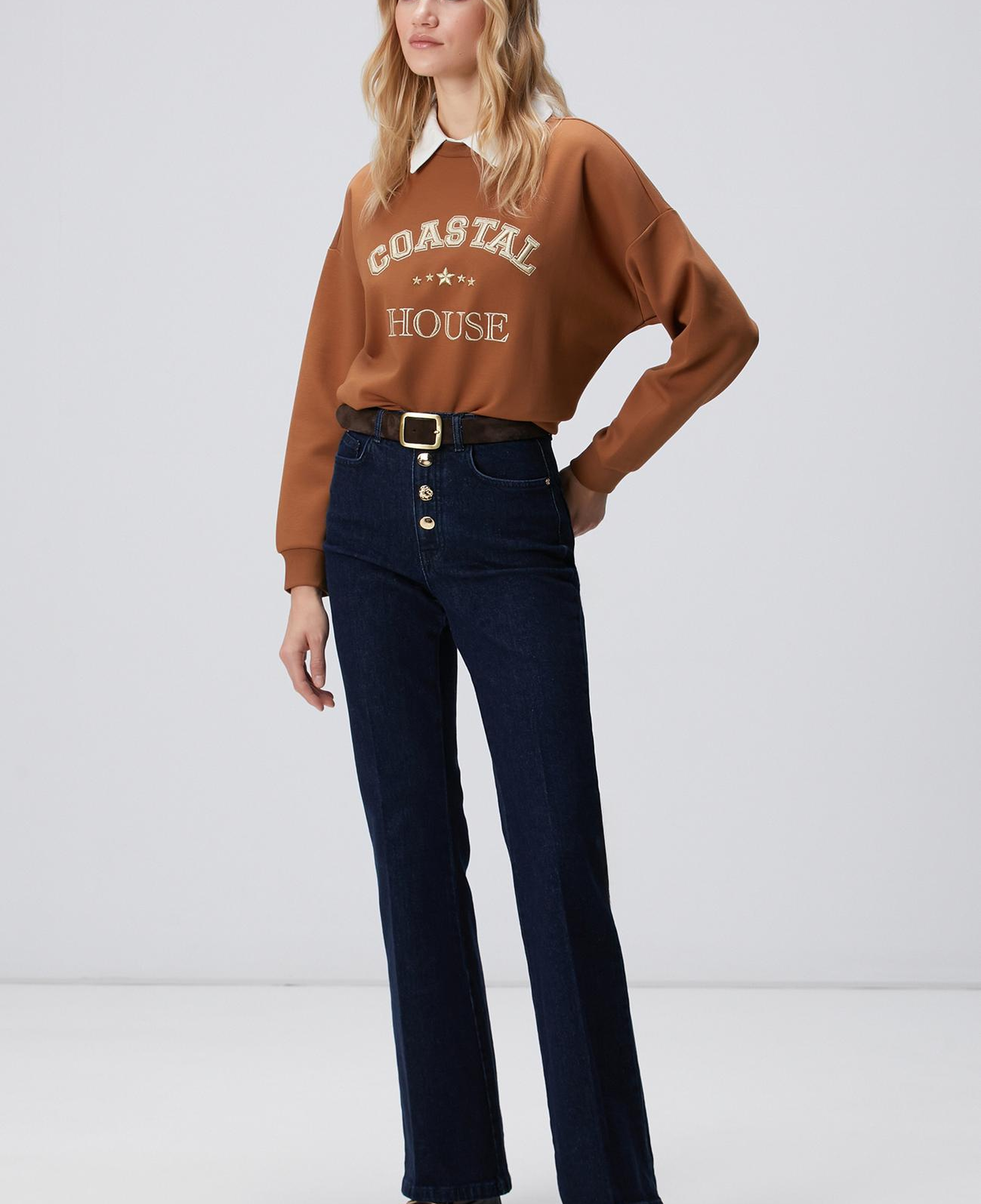 Network Kadın Camel Denim Yakalı Sweatshirt