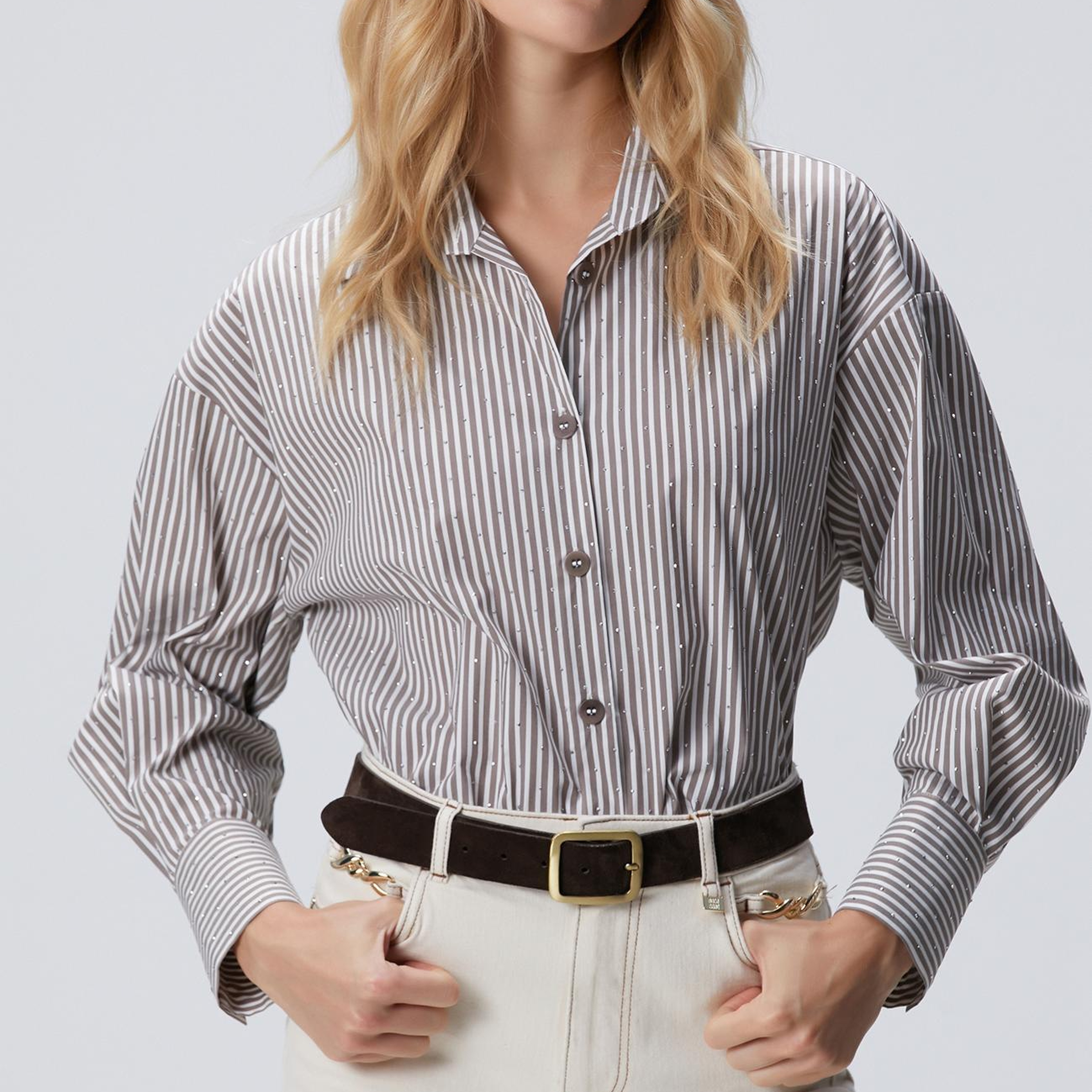 Network Kadın Vizon Ekru Çizgili Gömlek