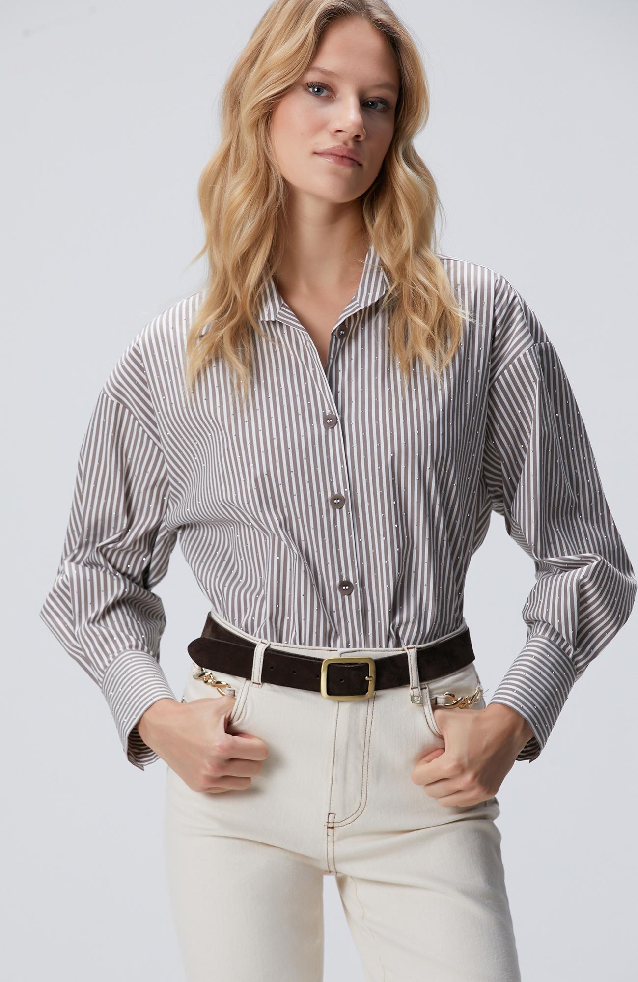 Network Kadın Vizon Ekru Çizgili Gömlek