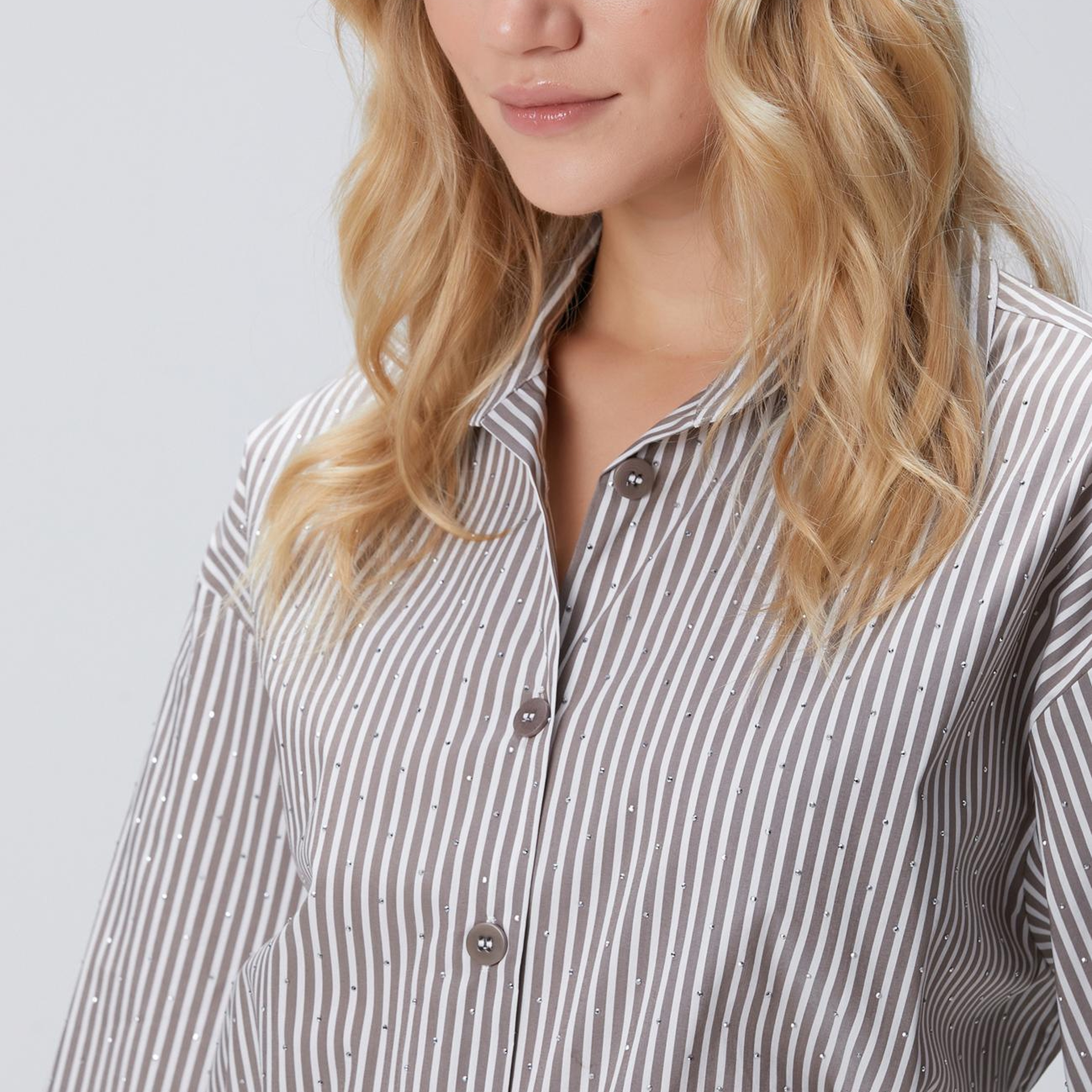 Network Kadın Vizon Ekru Çizgili Gömlek
