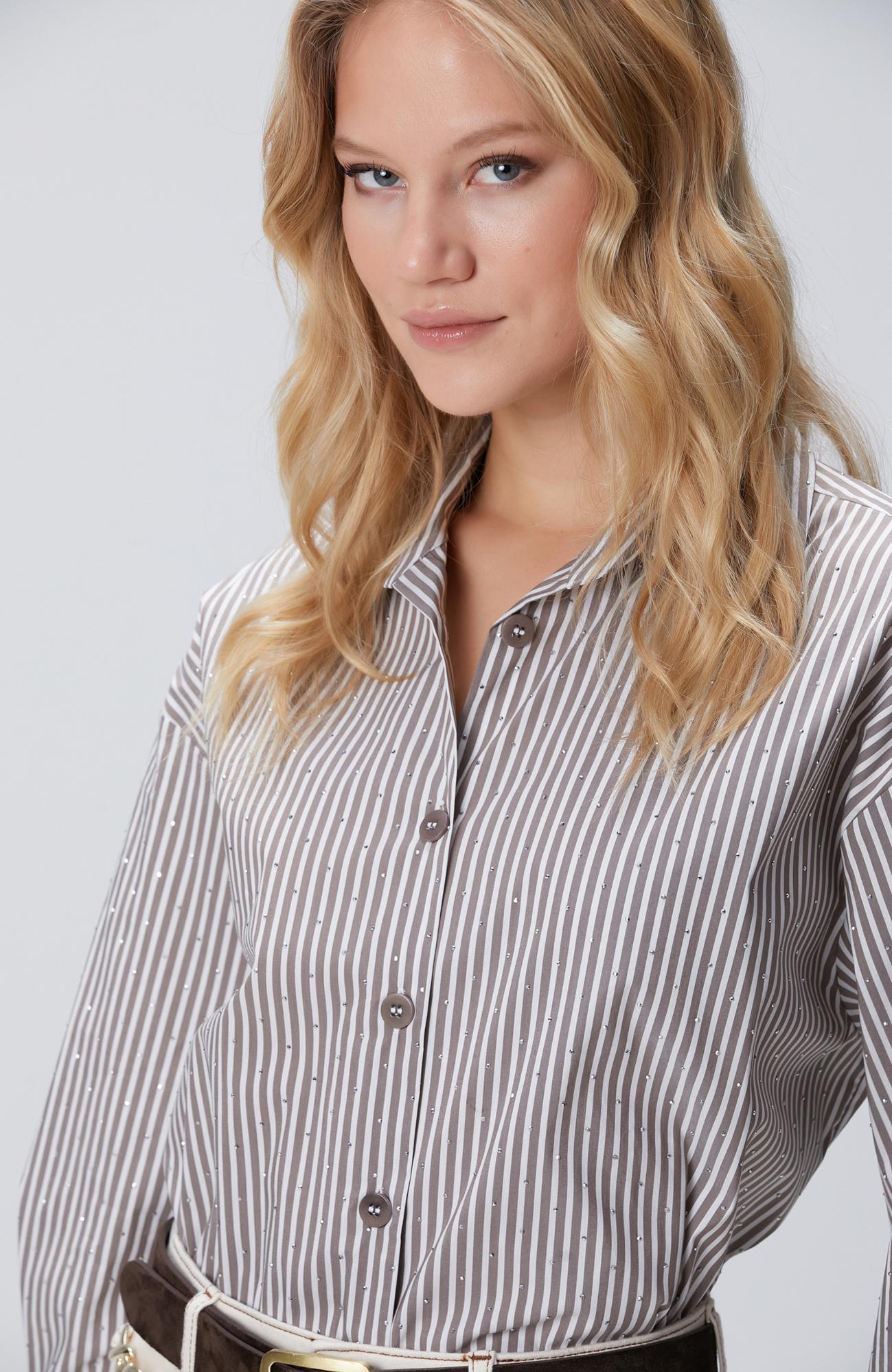 Network Kadın Vizon Ekru Çizgili Gömlek