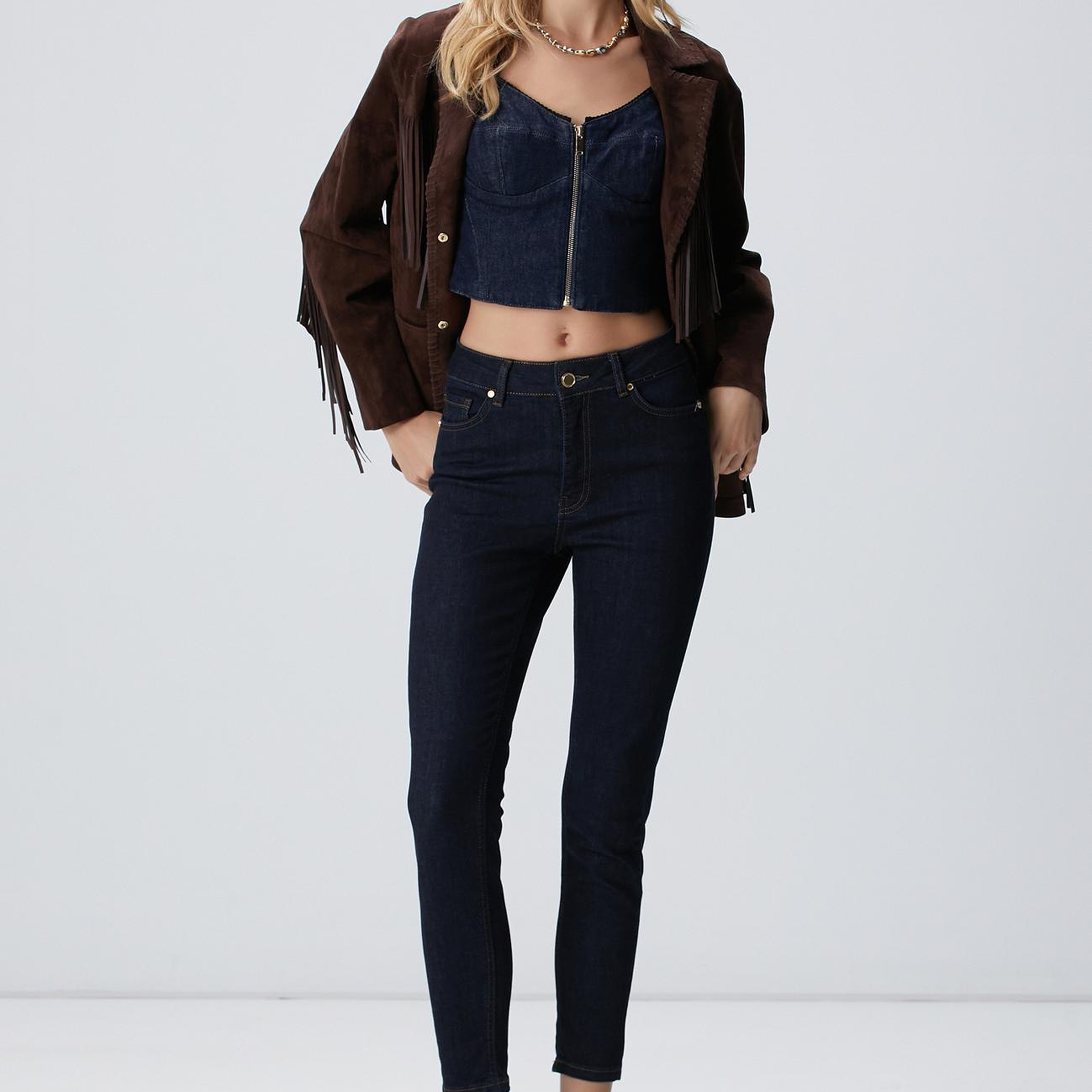 Network Kadın Lacivert Fermuarlı Denim Bluz