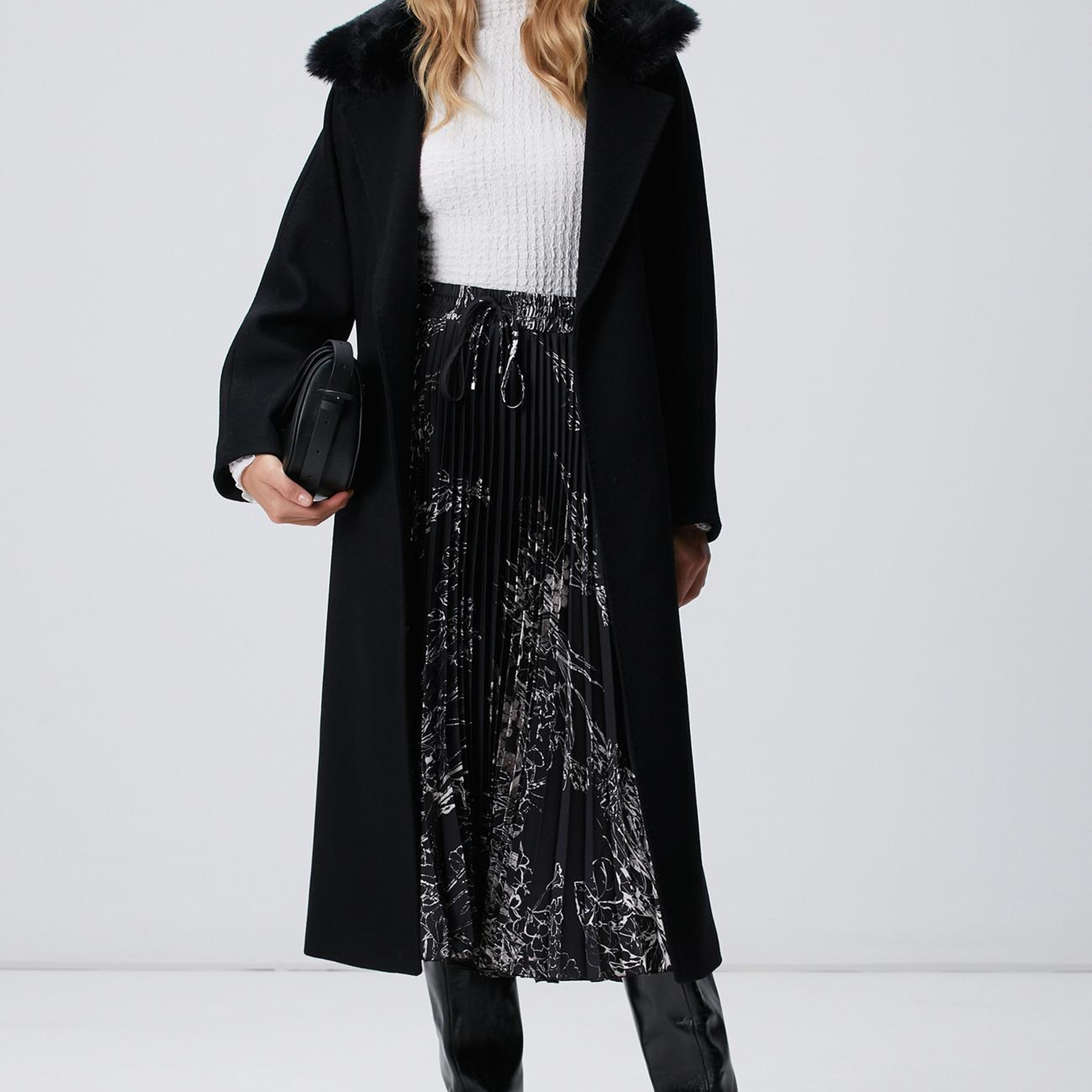 Network Kadın Siyah Kırık Beyaz Midi Etek