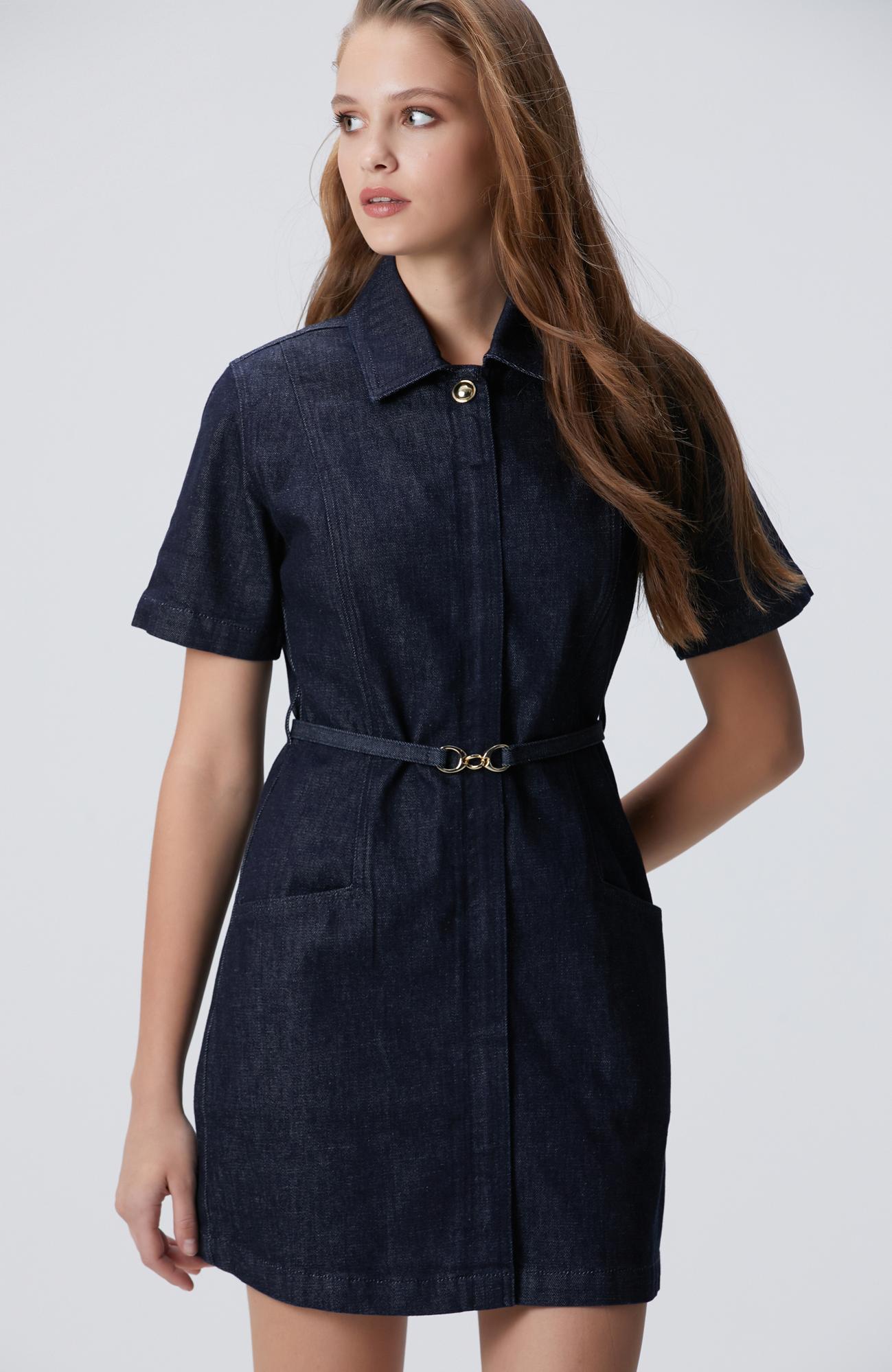 Network Kadın Kemer Detaylı Lacivert Denim Elbise