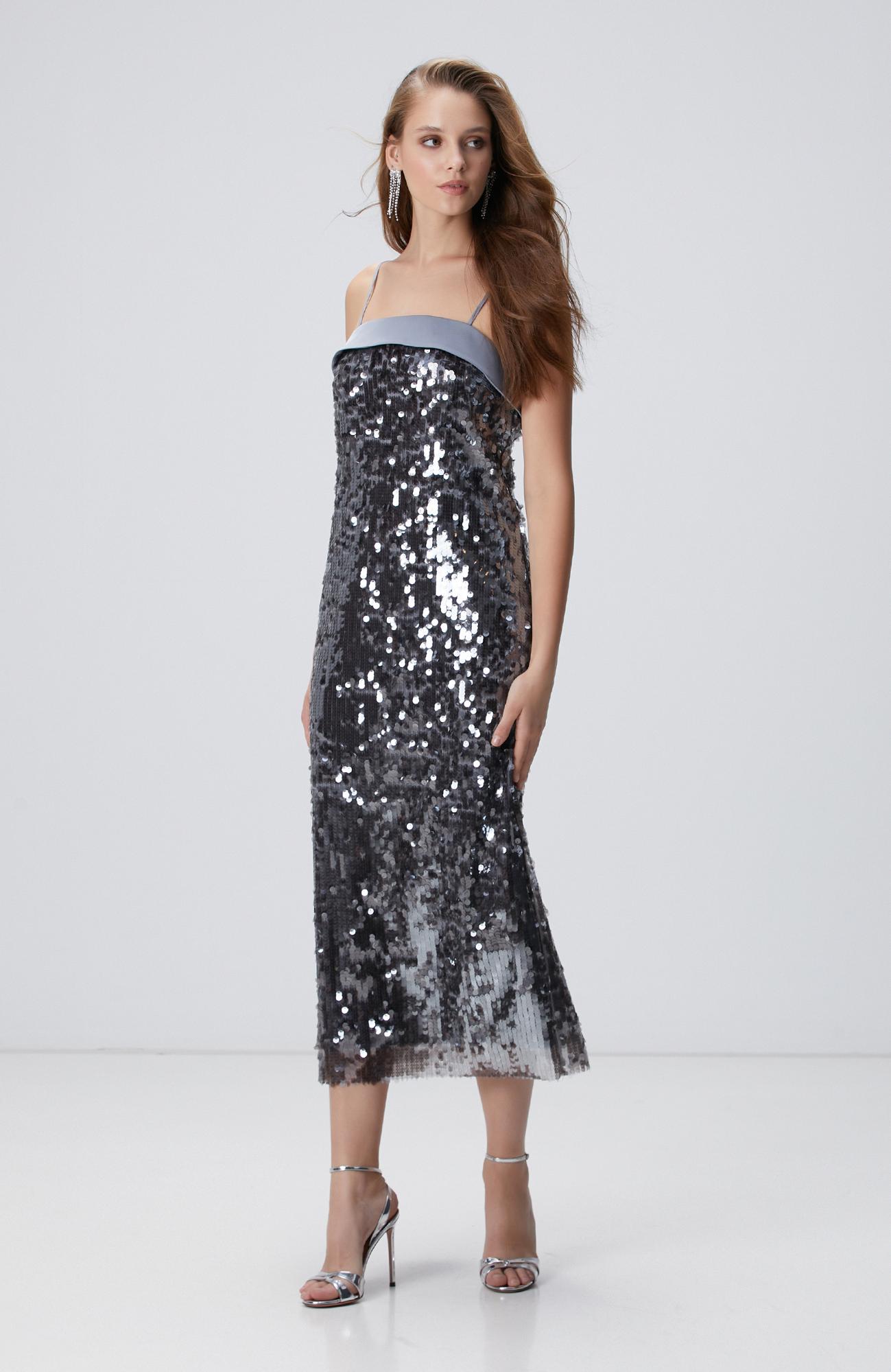 Network Kadın Antrasit Payetli Abiye Elbise