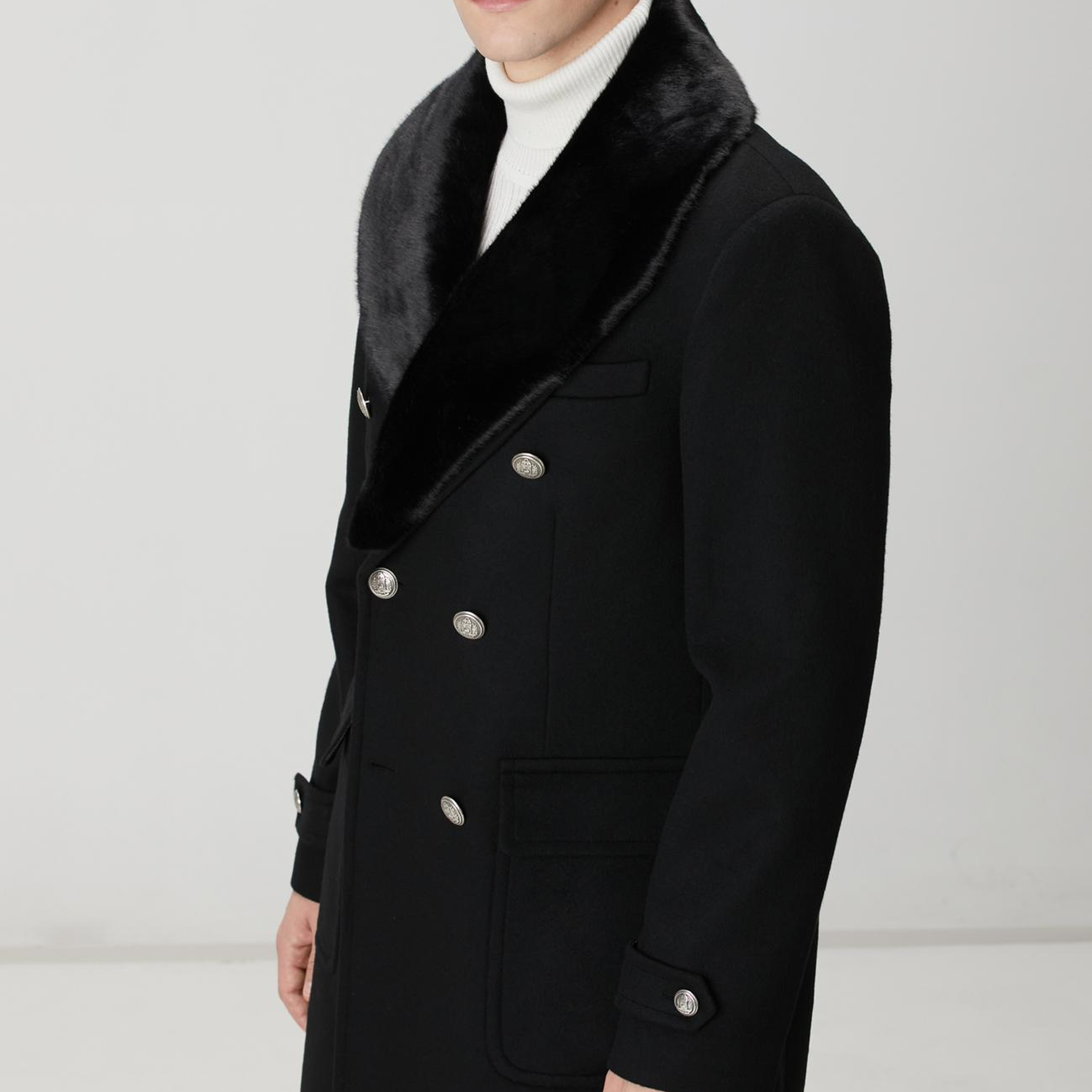 Network Erkek Siyah Yün Kaşmir Karışımlı Palto