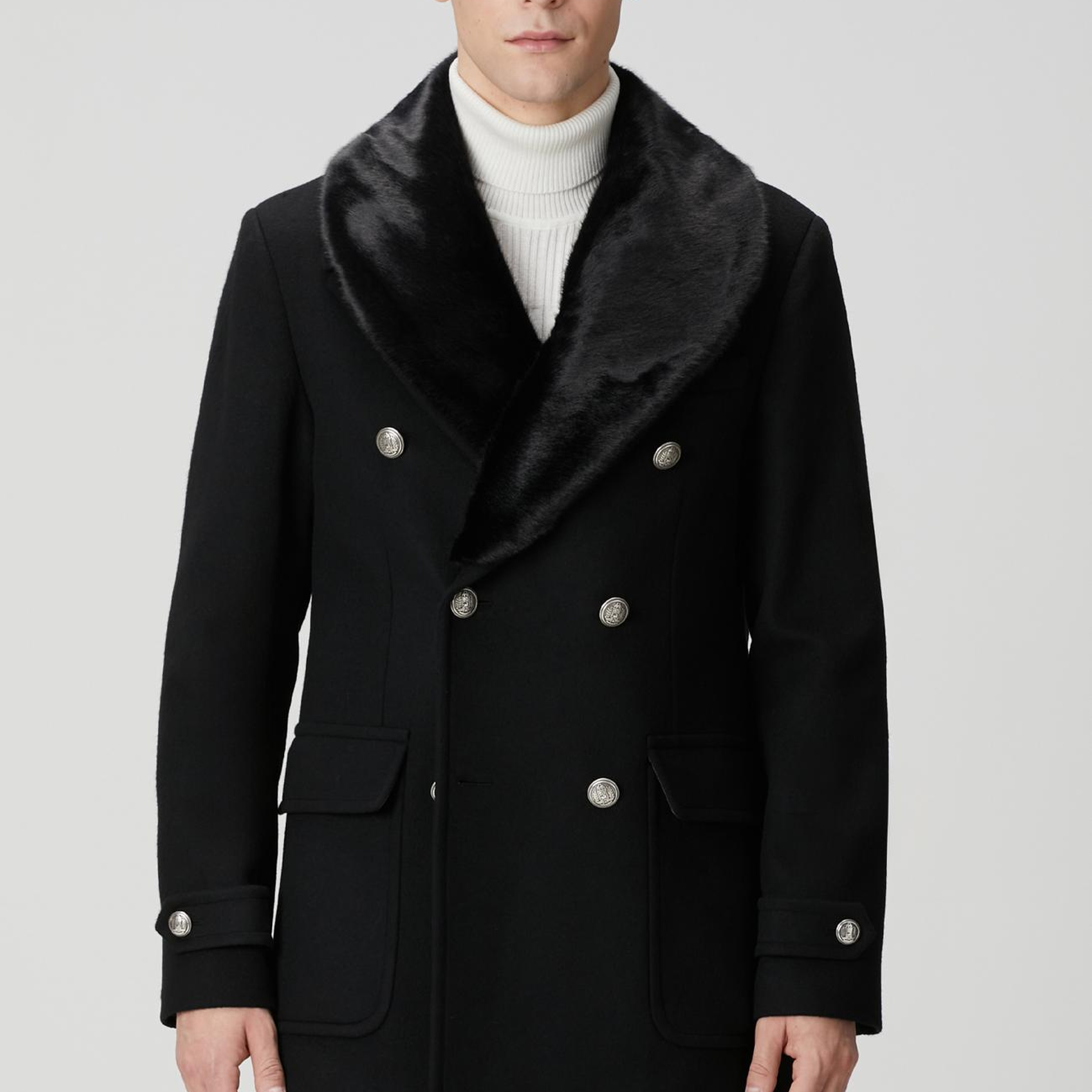 Network Erkek Siyah Yün Kaşmir Karışımlı Palto