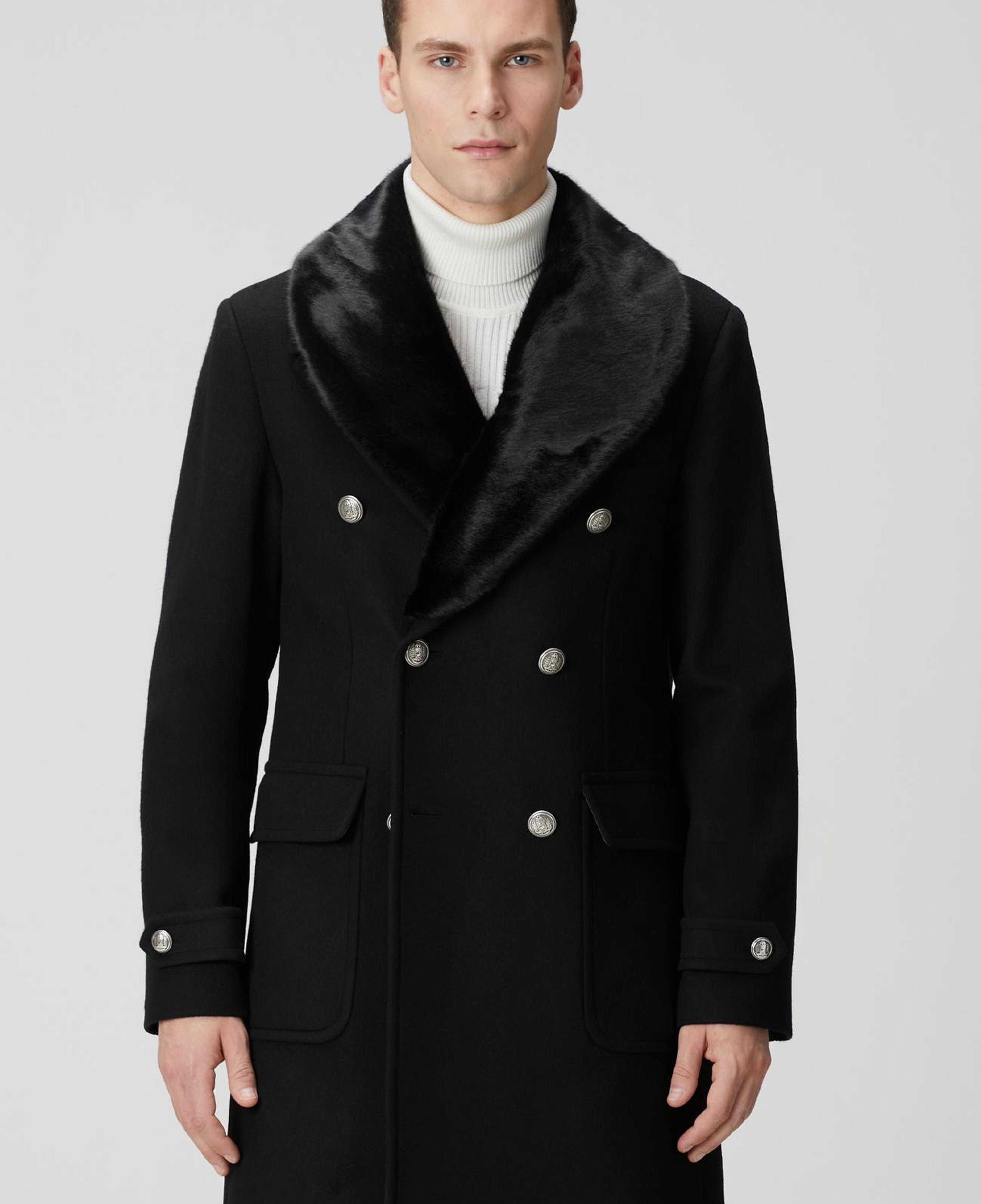Network Erkek Siyah Yün Kaşmir Karışımlı Palto