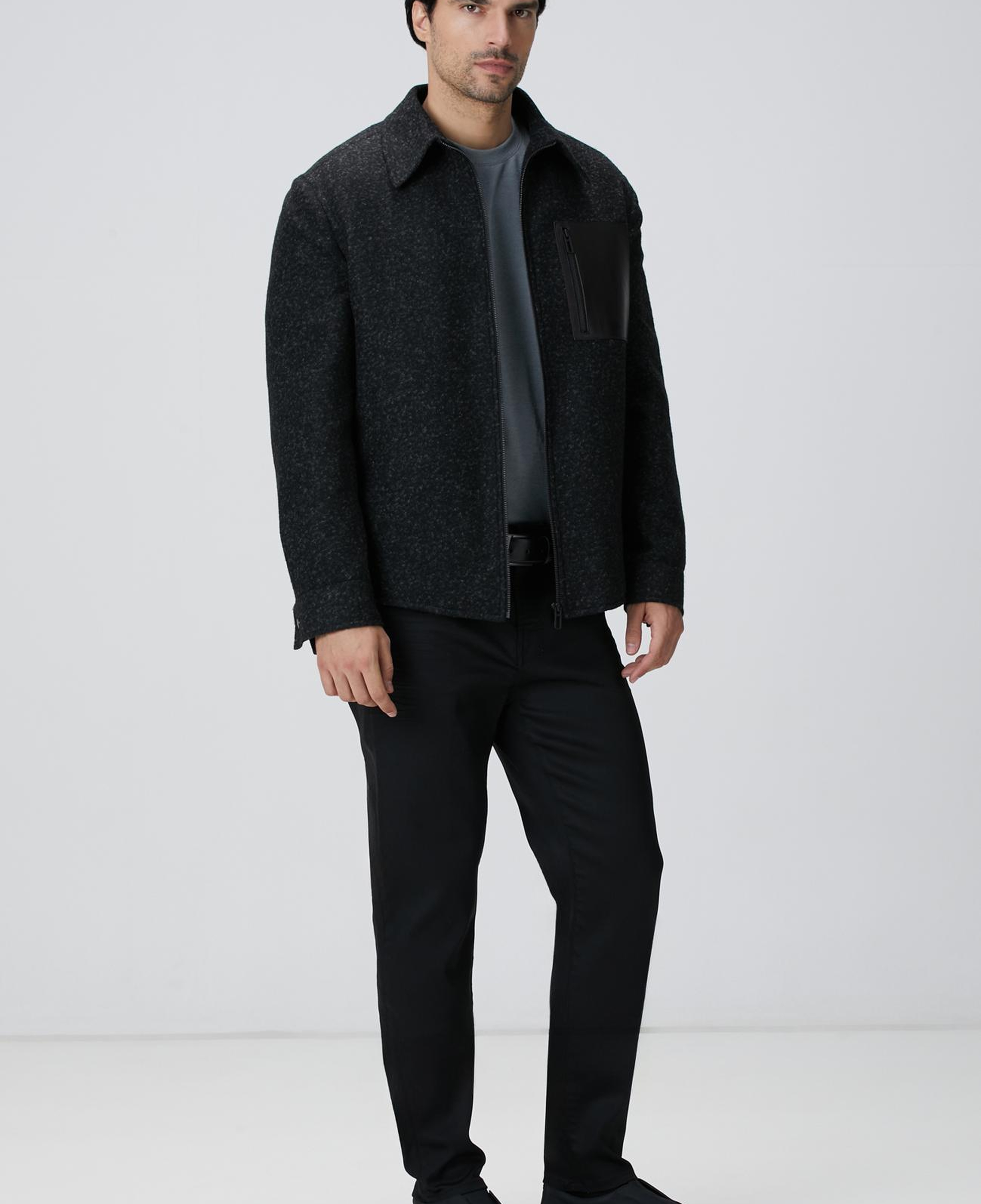 Network Erkek Siyah Yün Karışımlı Deri Cep Detaylı Mont