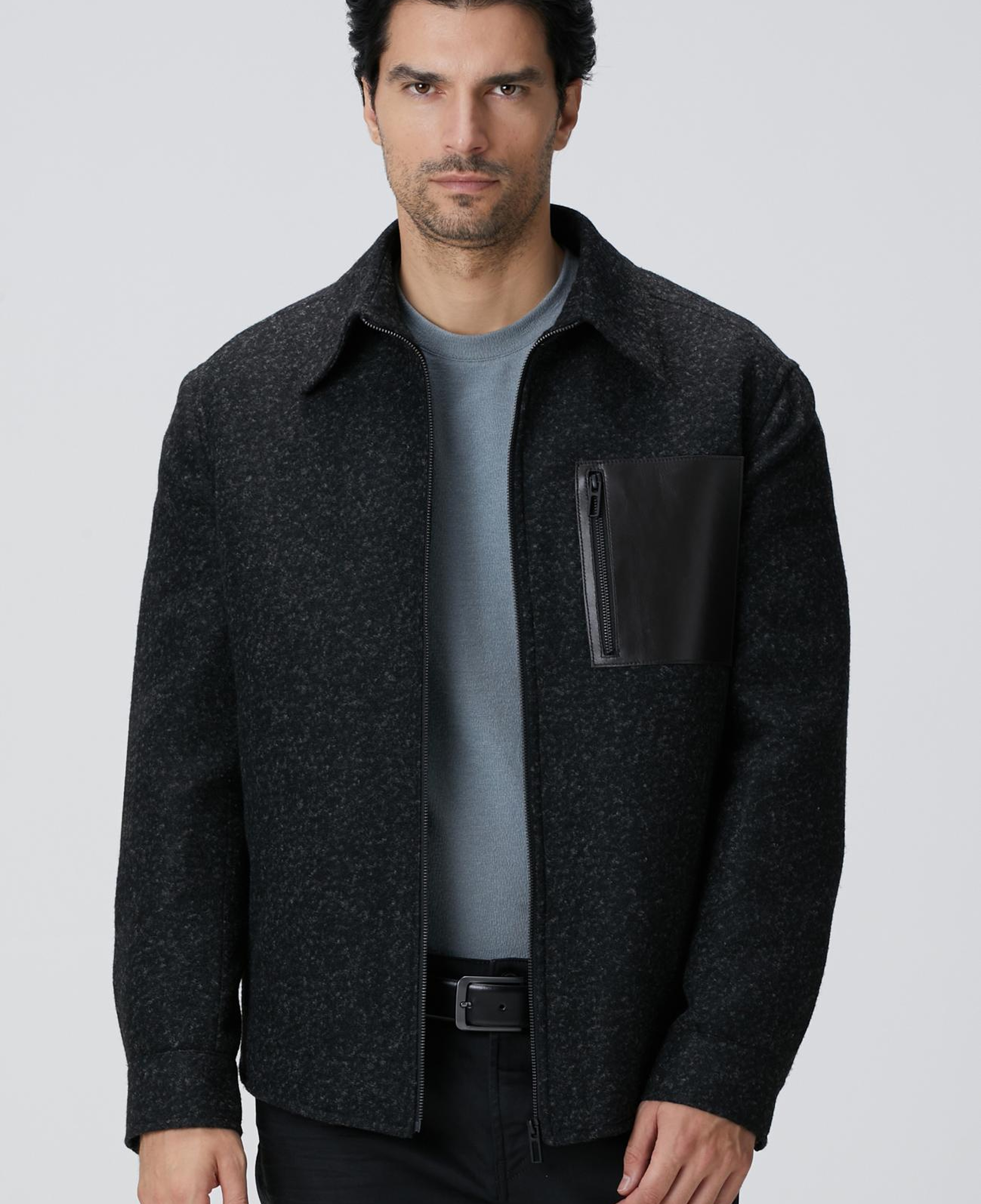 Network Erkek Siyah Yün Karışımlı Deri Cep Detaylı Mont