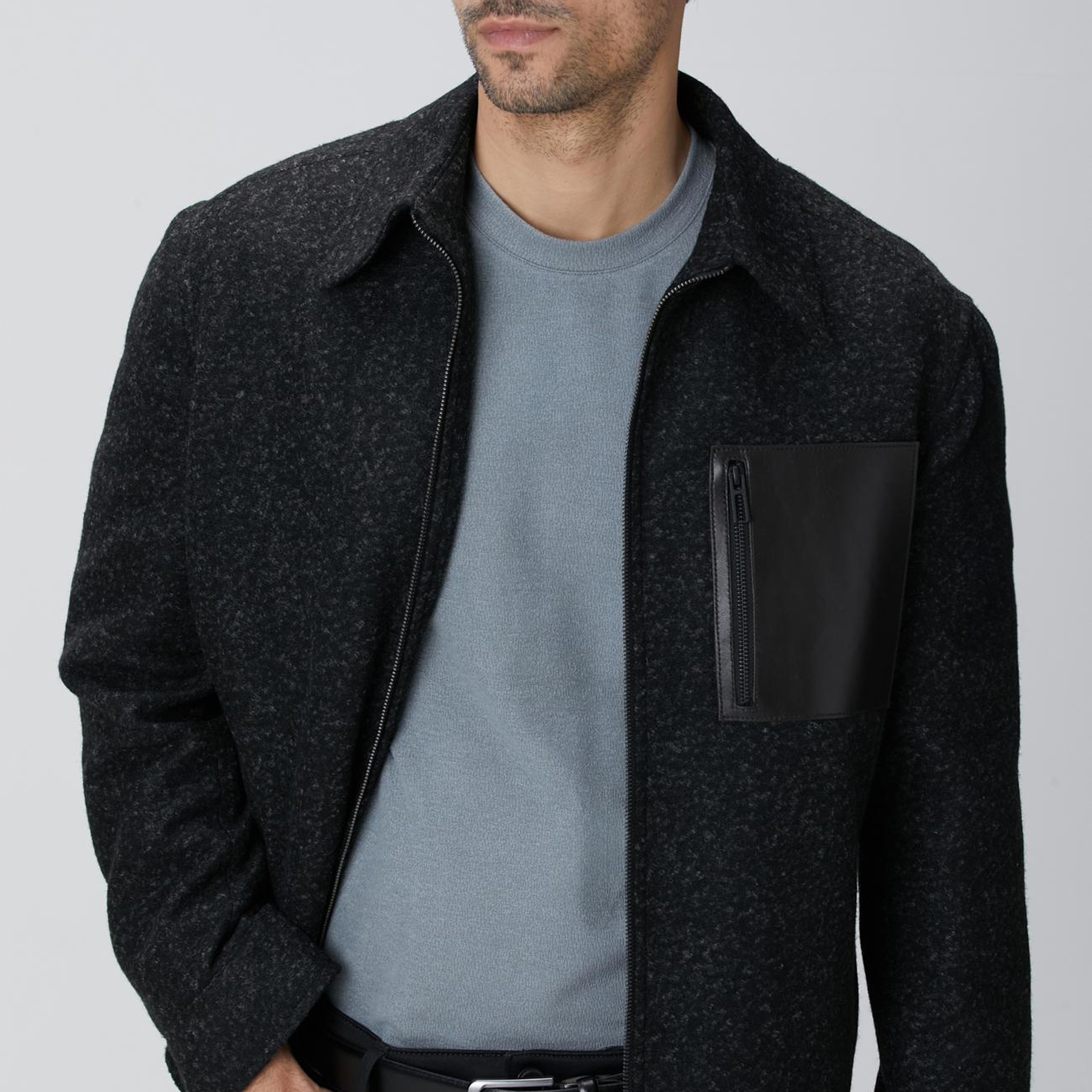 Network Erkek Siyah Yün Karışımlı Deri Cep Detaylı Mont