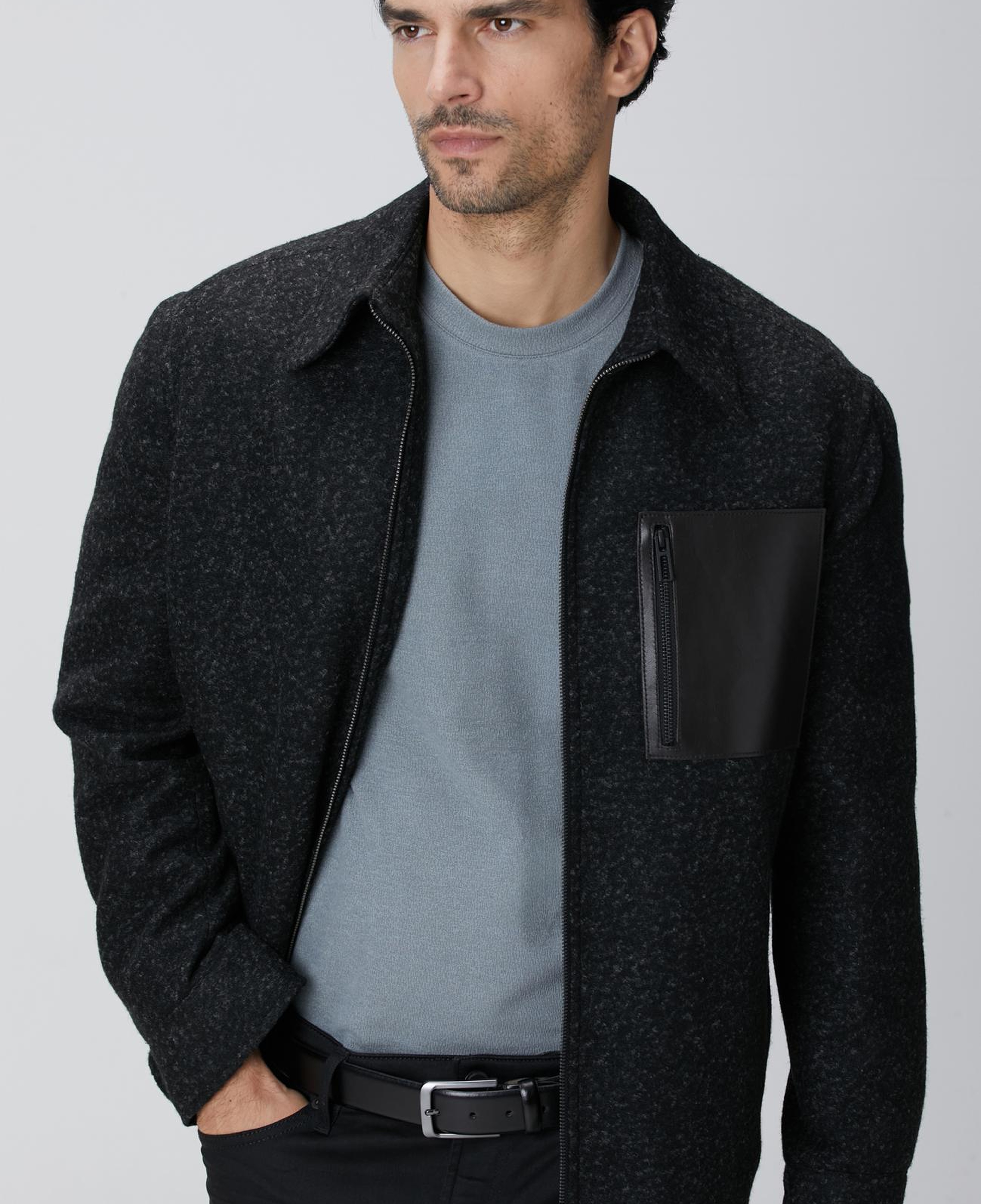 Network Erkek Siyah Yün Karışımlı Deri Cep Detaylı Mont