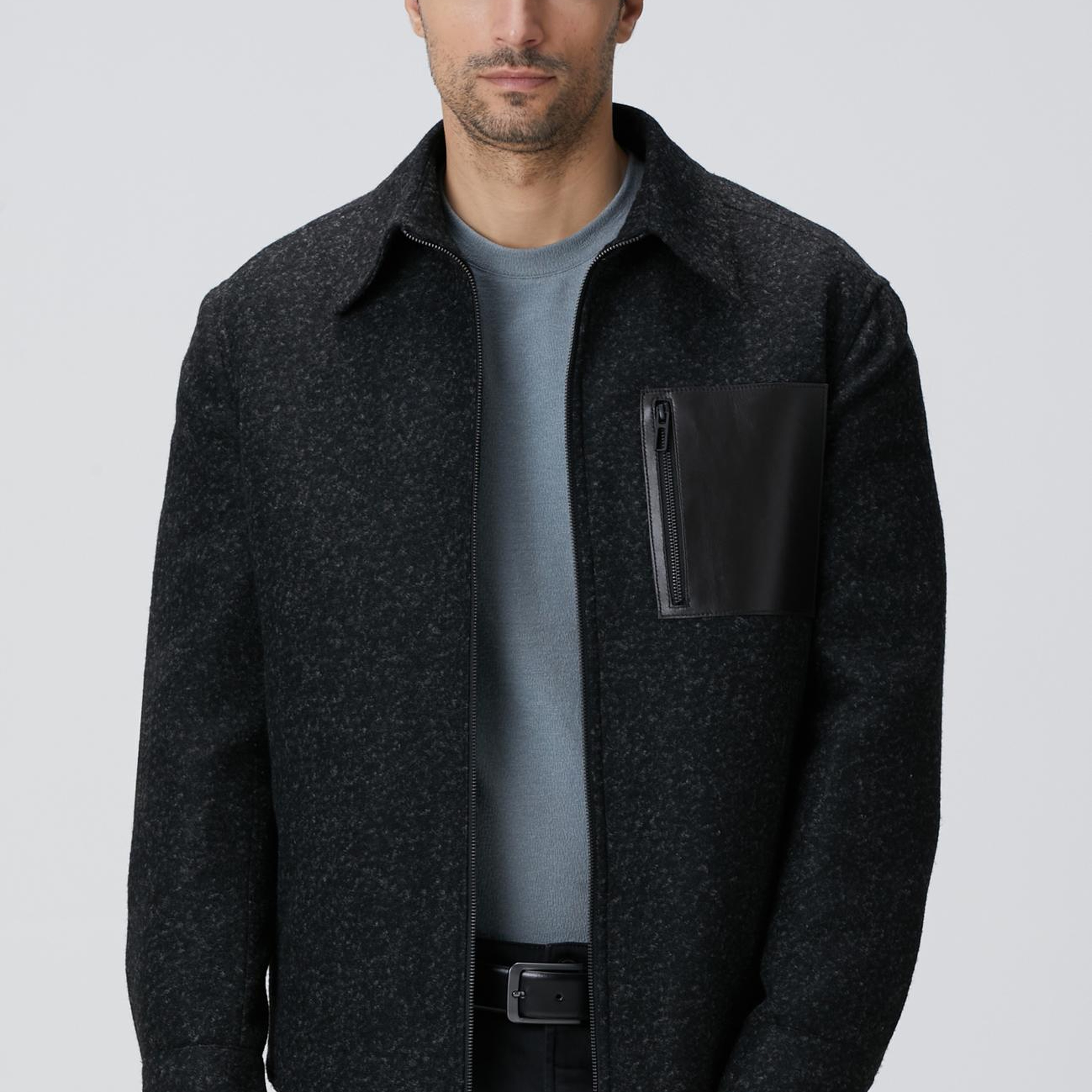 Network Erkek Siyah Yün Karışımlı Deri Cep Detaylı Mont