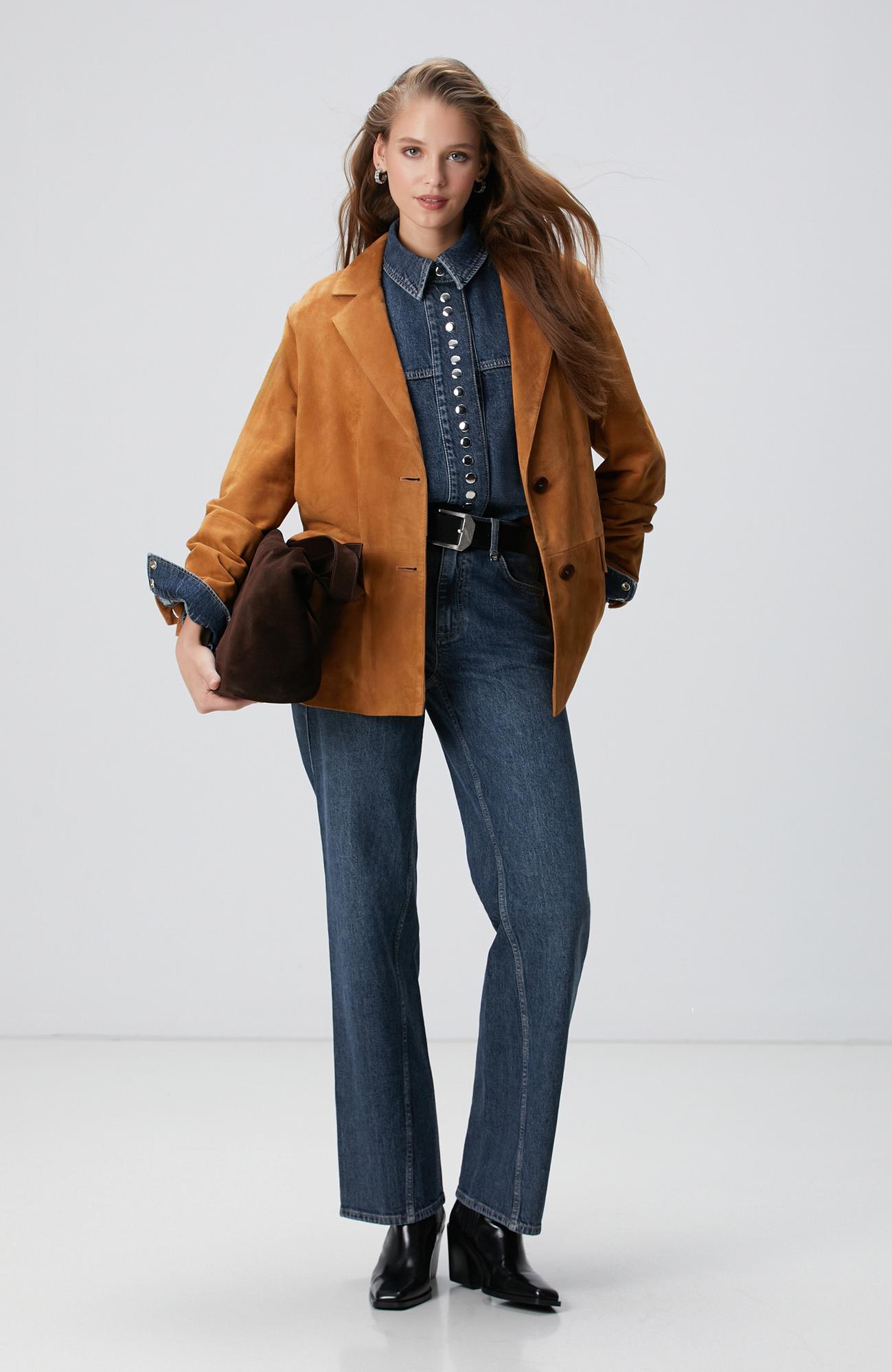 Network Kadın Camel Blazer Süet Deri Ceket