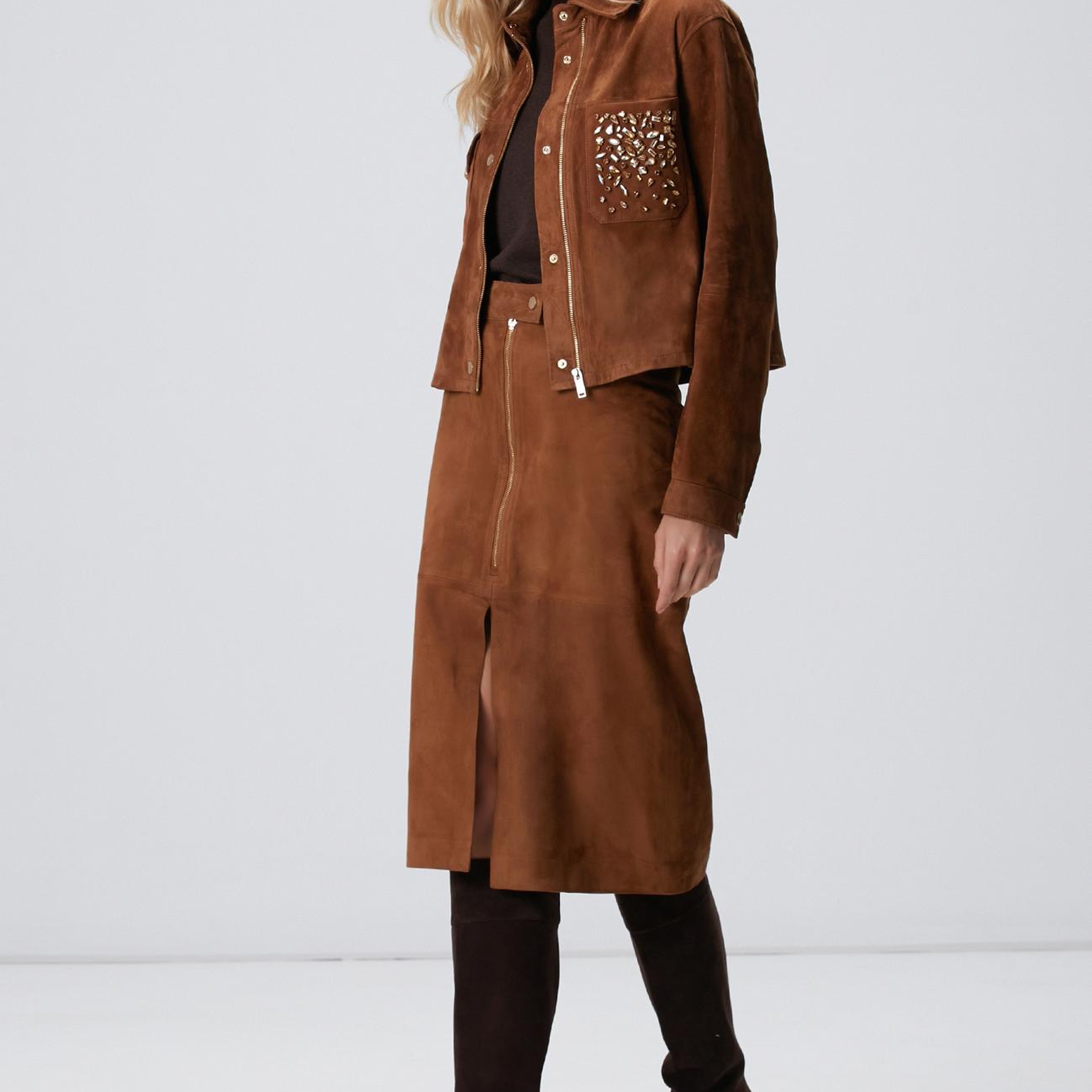 Network Kadın Tarçın Süet Deri Midi Etek