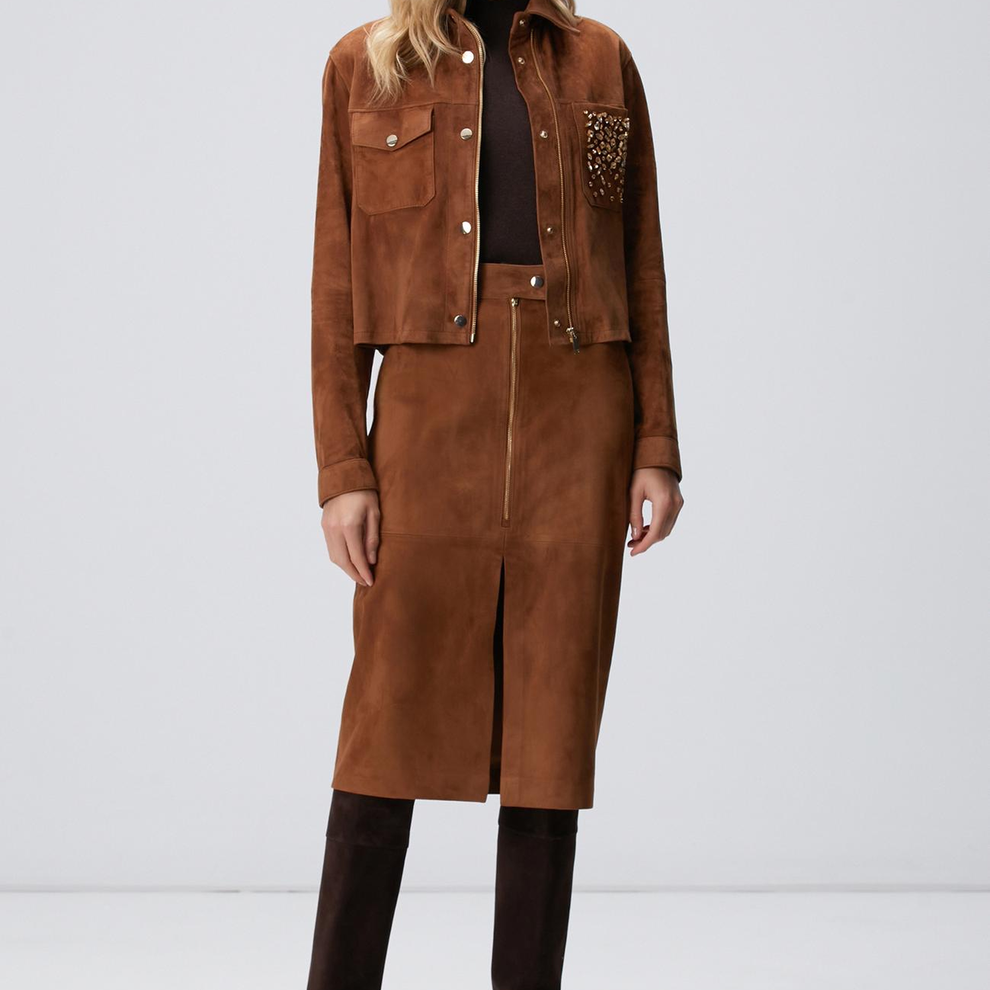 Network Kadın Tarçın Süet Deri Midi Etek