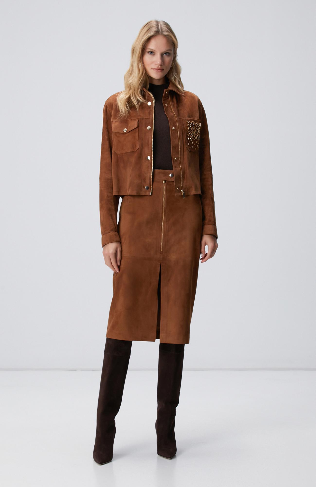 Network Kadın Tarçın Süet Deri Midi Etek