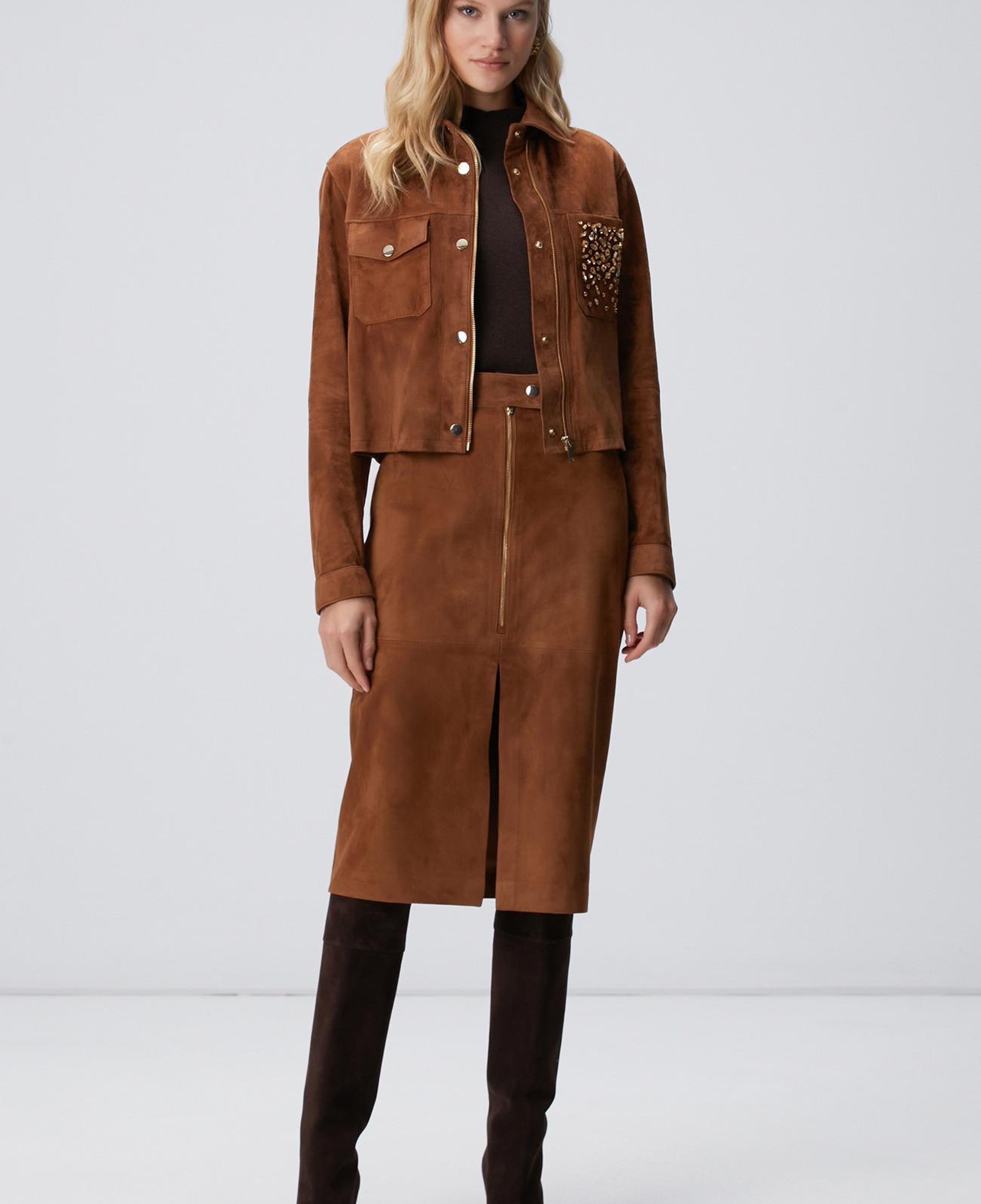 Network Kadın Tarçın Süet Deri Midi Etek