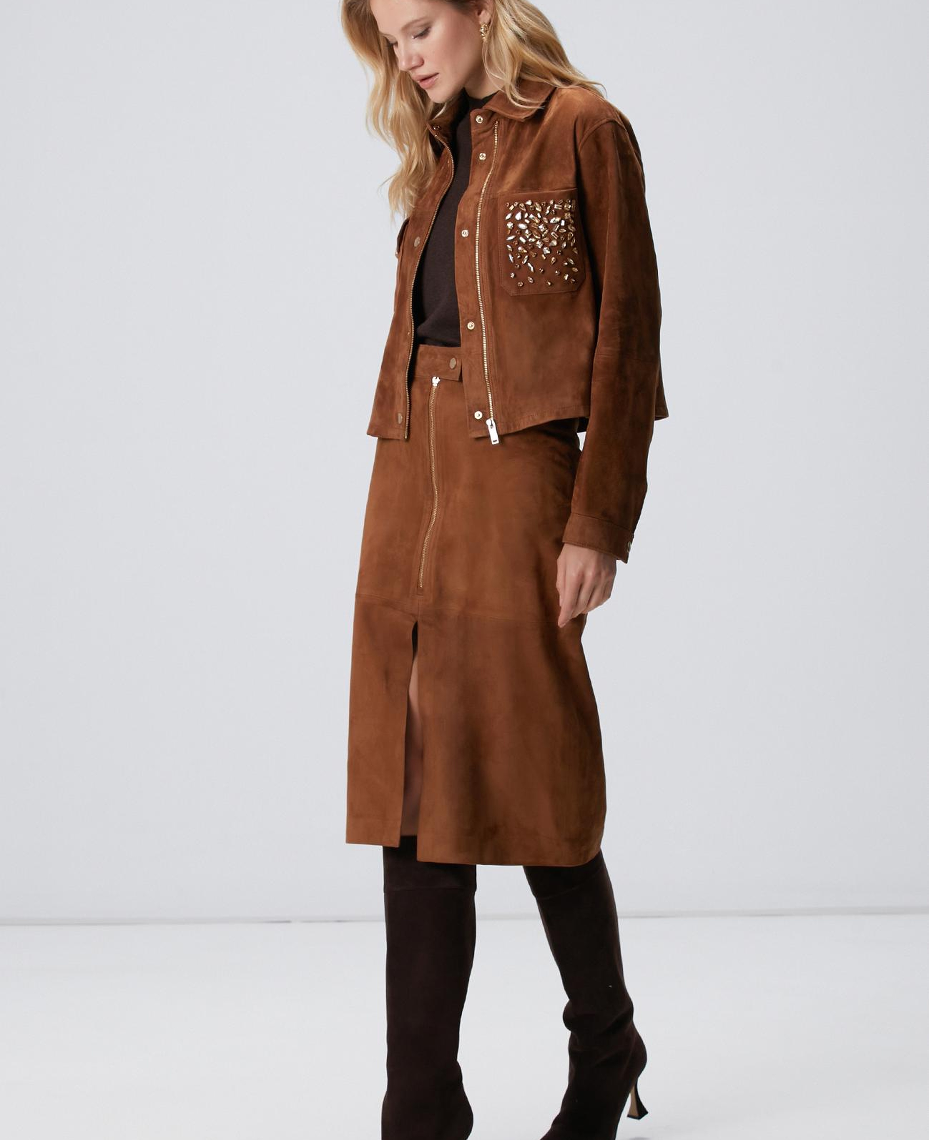 Network Kadın Tarçın Süet Deri Midi Etek