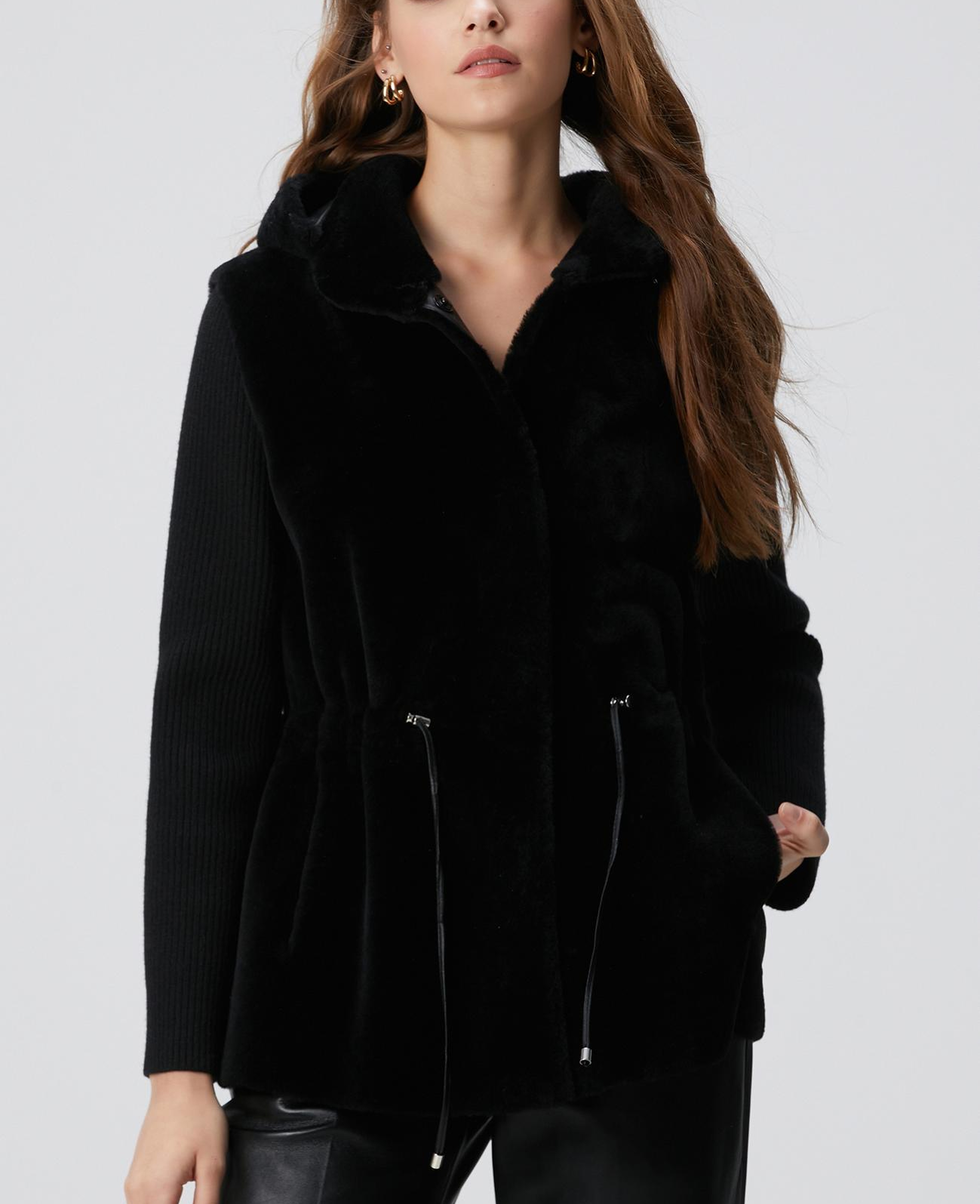 Network Kadın Siyah Kolları Trikolu Deri Kaban