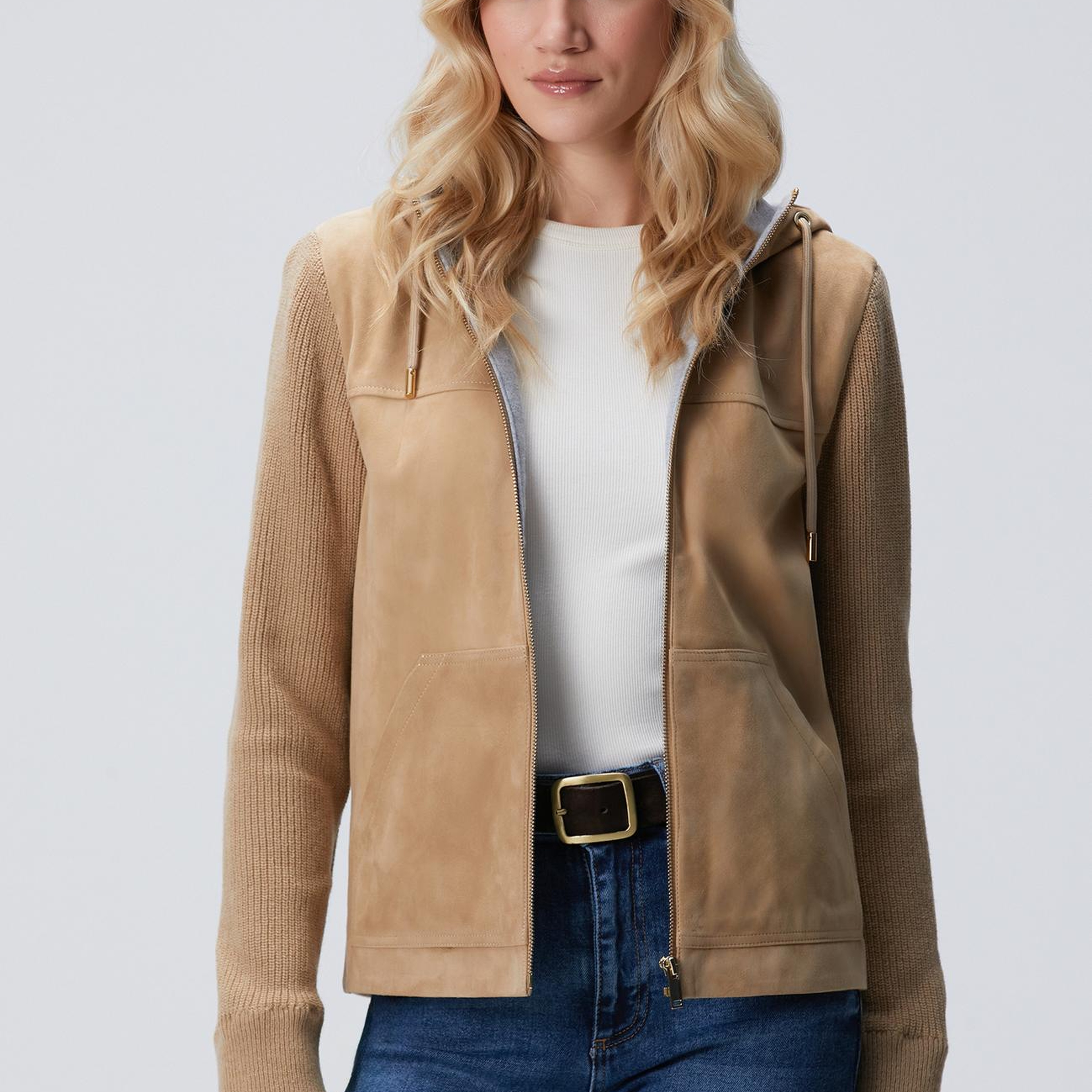 Network Kadın Bej Kapüşonlu Triko Detaylı Süet Deri Mont