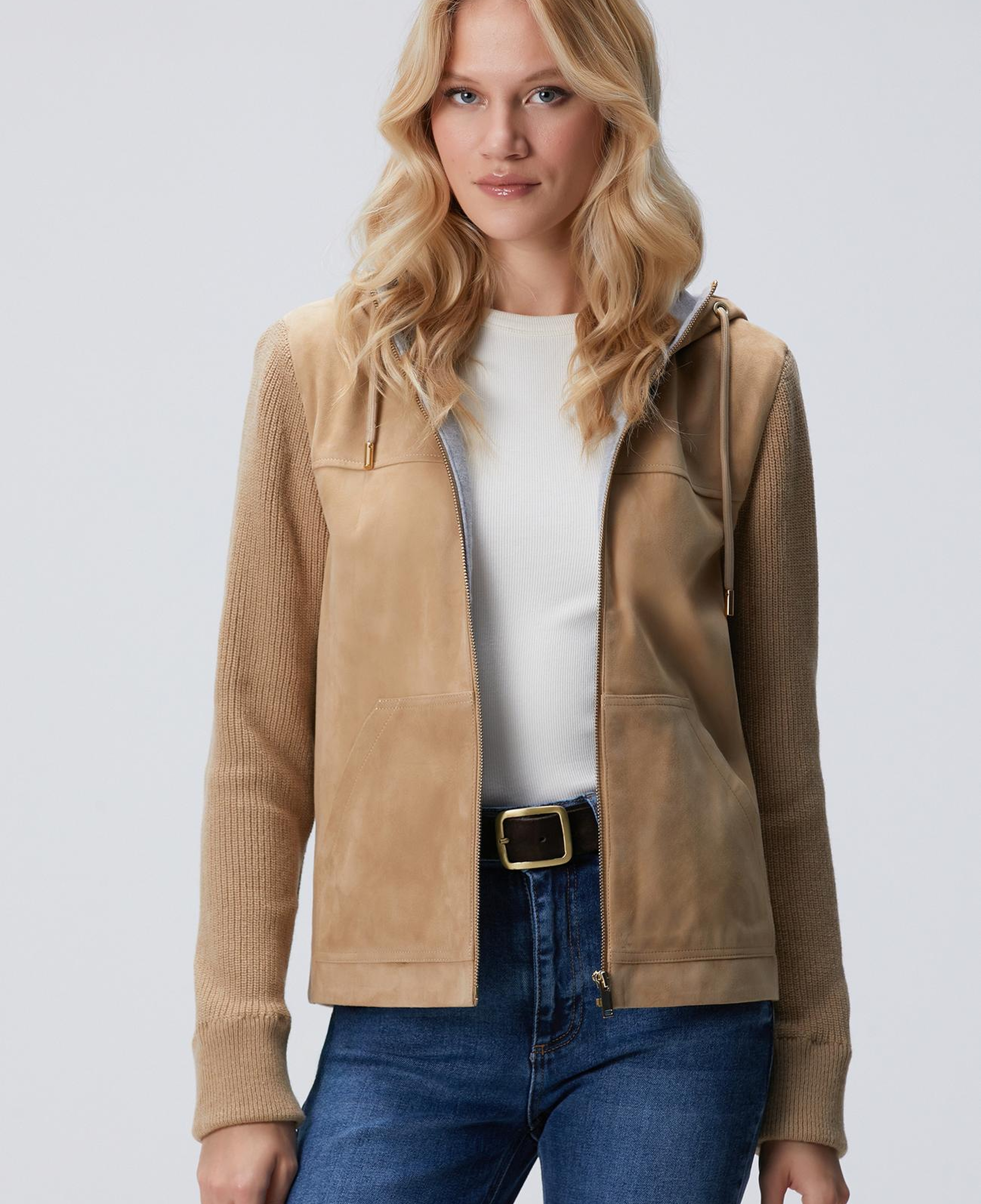 Network Kadın Bej Kapüşonlu Triko Detaylı Süet Deri Mont