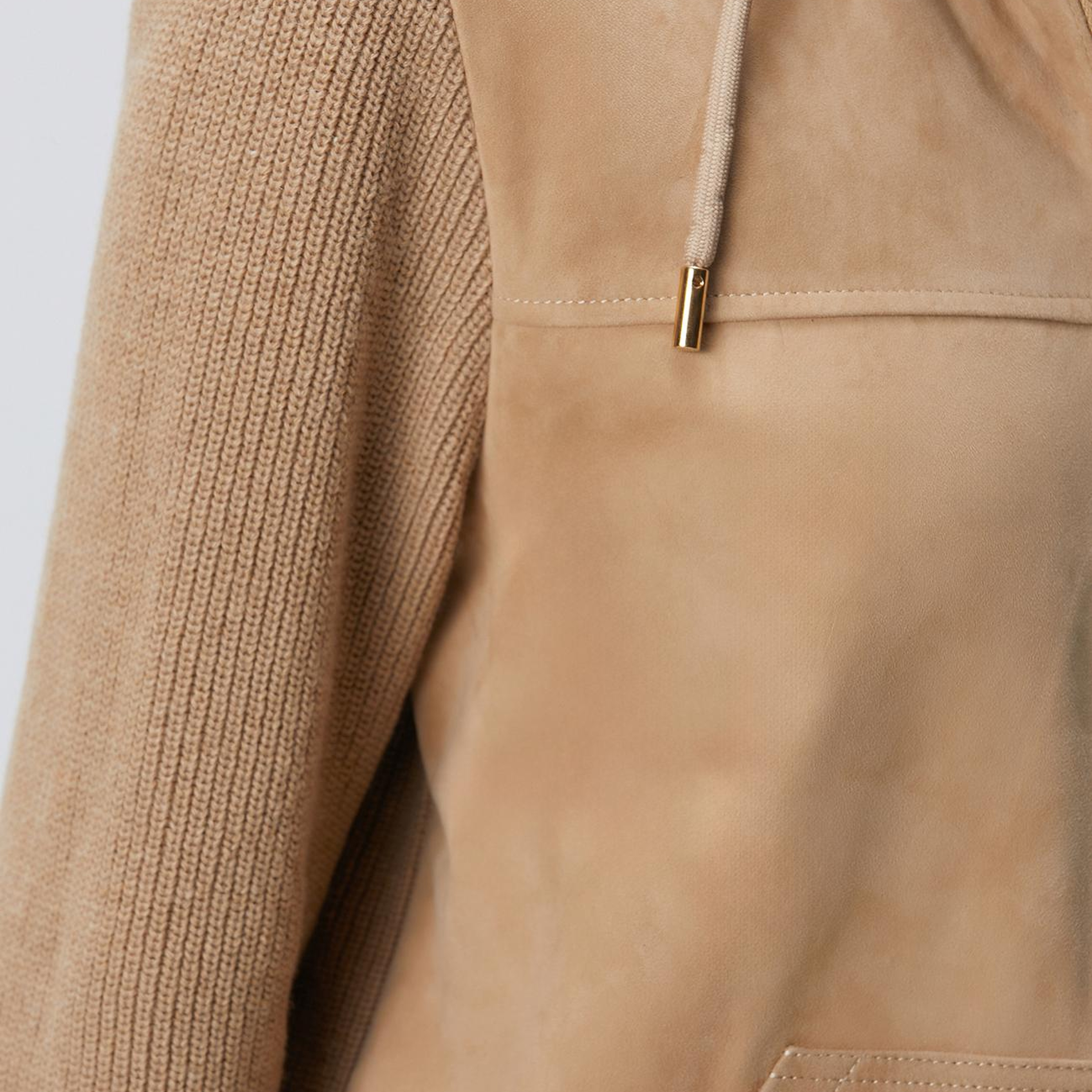 Network Kadın Bej Kapüşonlu Triko Detaylı Süet Deri Mont