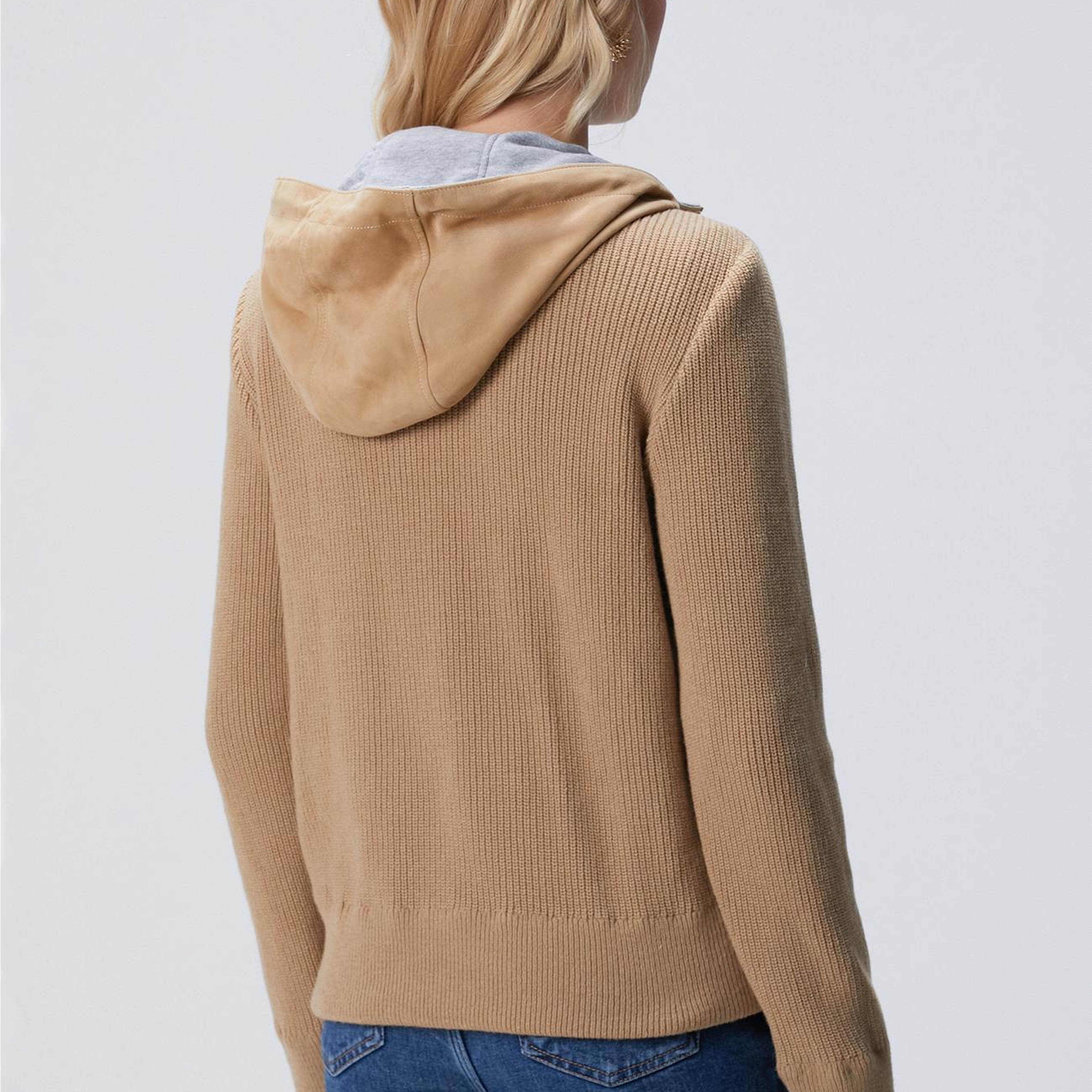 Network Kadın Bej Kapüşonlu Triko Detaylı Süet Deri Mont