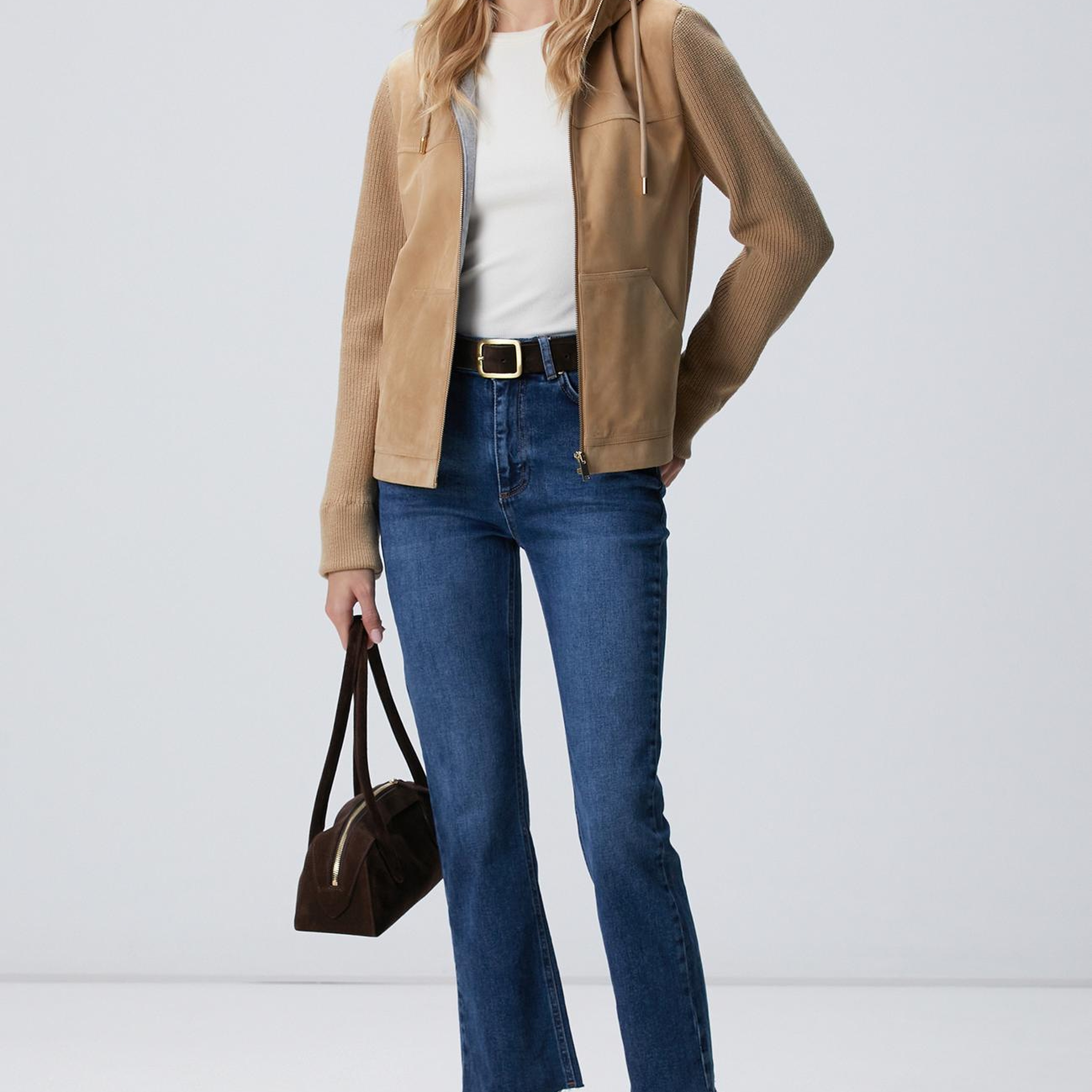 Network Kadın Bej Kapüşonlu Triko Detaylı Süet Deri Mont