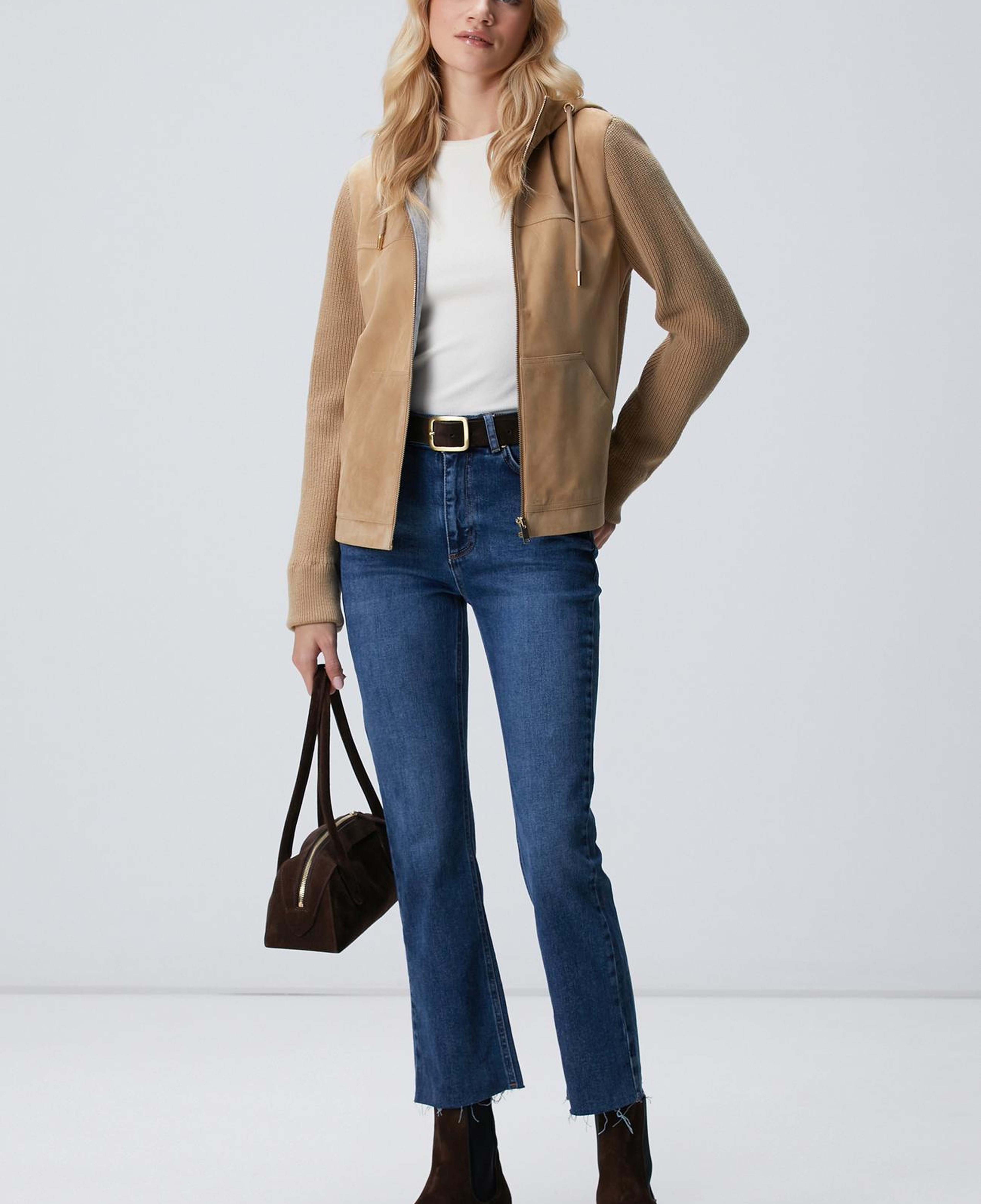 Network Kadın Bej Kapüşonlu Triko Detaylı Süet Deri Mont