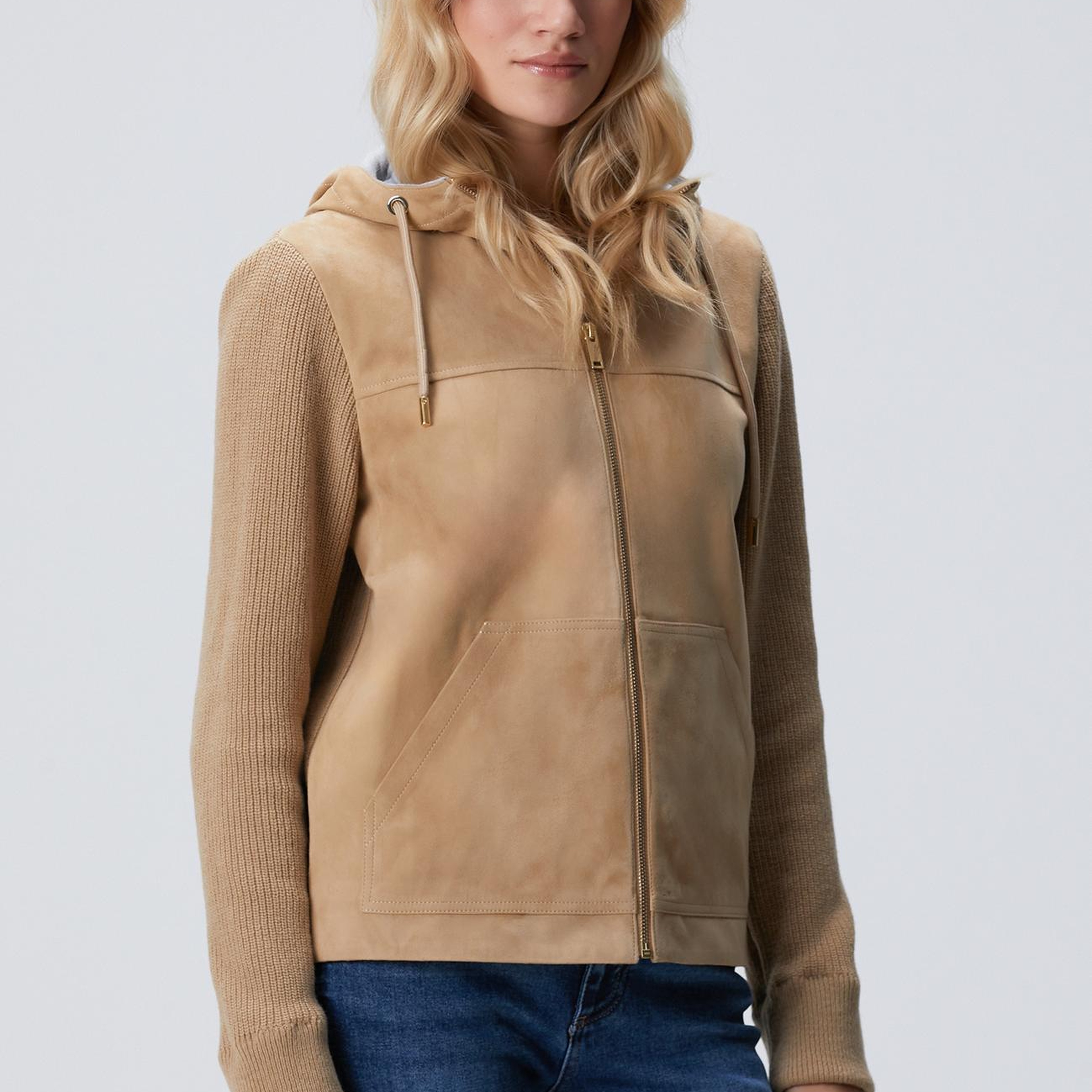 Network Kadın Bej Kapüşonlu Triko Detaylı Süet Deri Mont