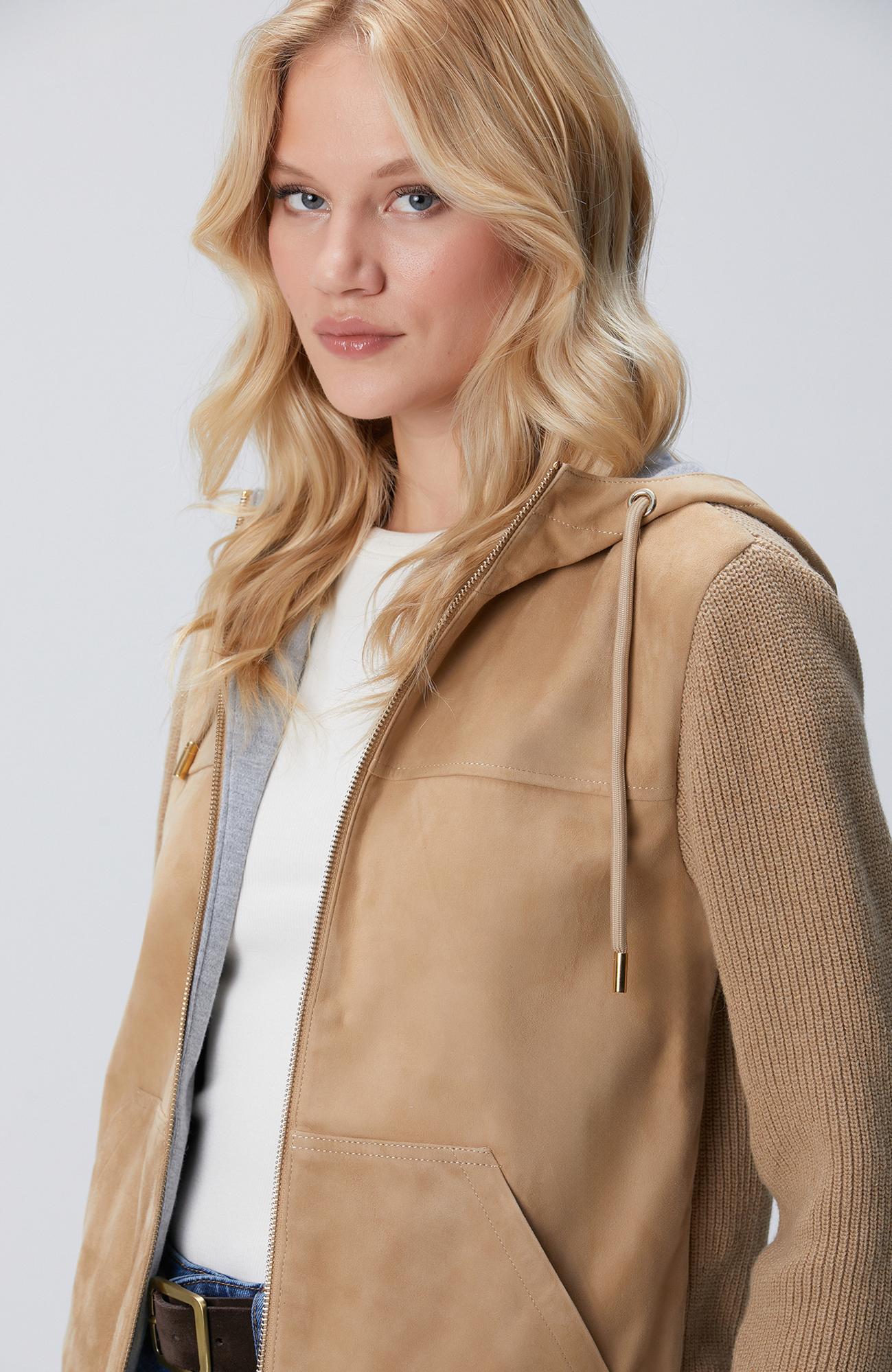 Network Kadın Bej Kapüşonlu Triko Detaylı Süet Deri Mont