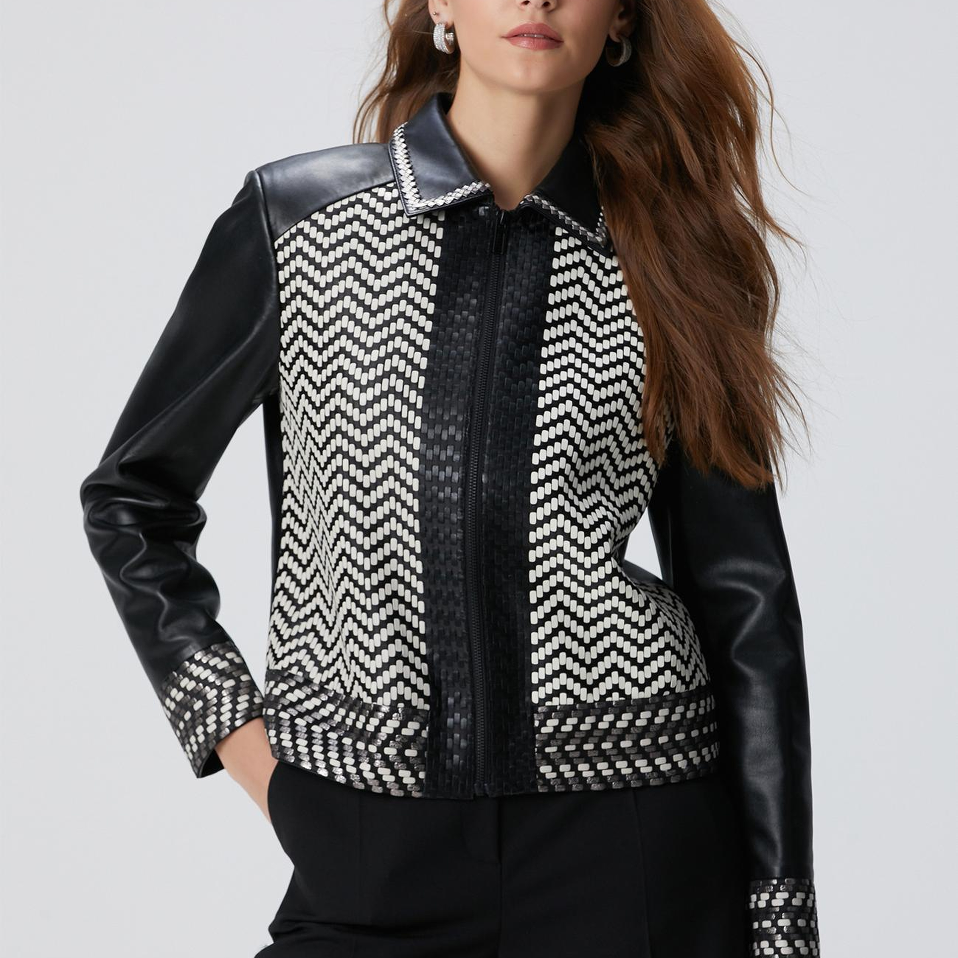 Network Kadın Limited Siyah Beyaz Örgü Detaylı Deri Mont