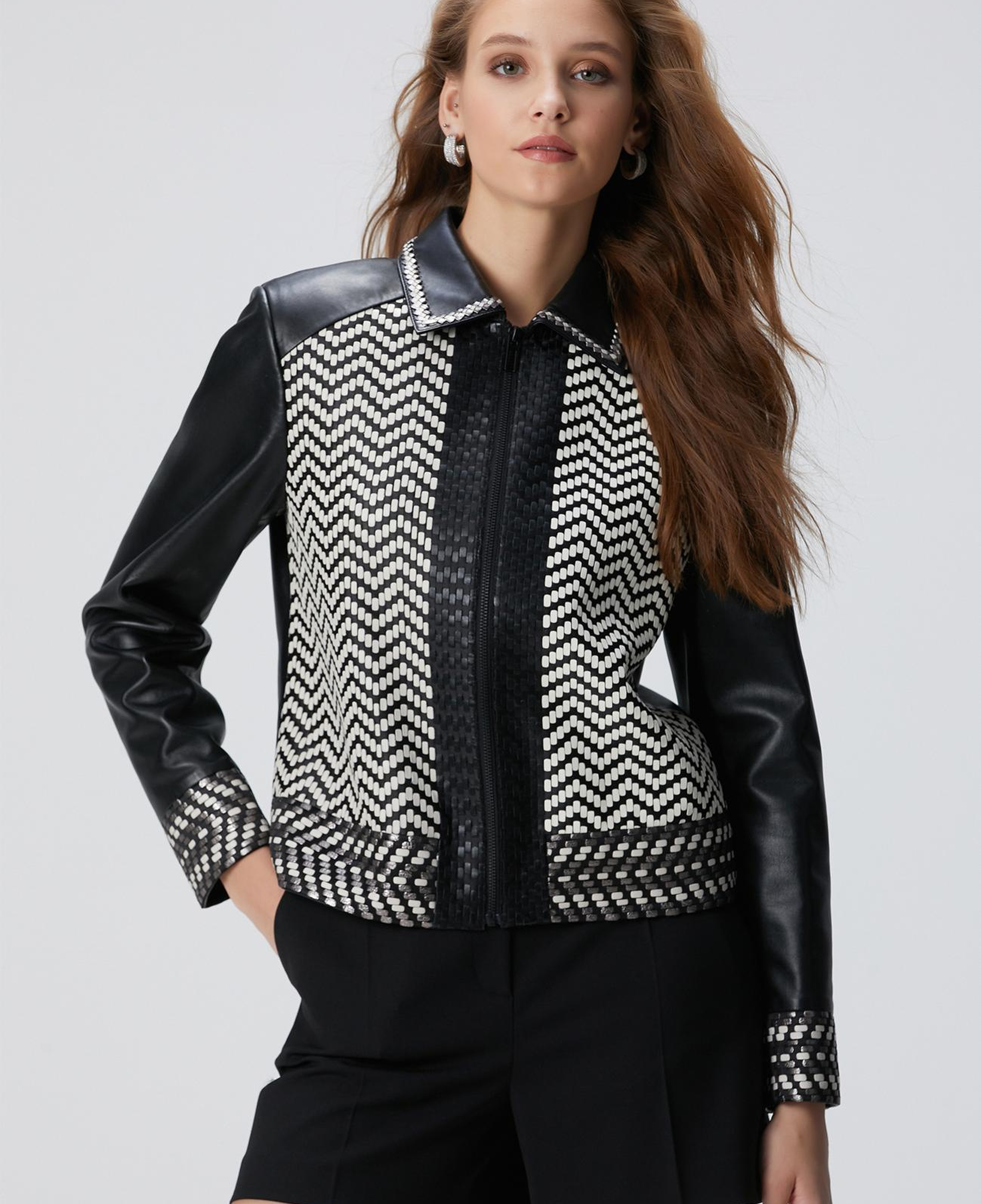 Network Kadın Limited Siyah Beyaz Örgü Detaylı Deri Mont