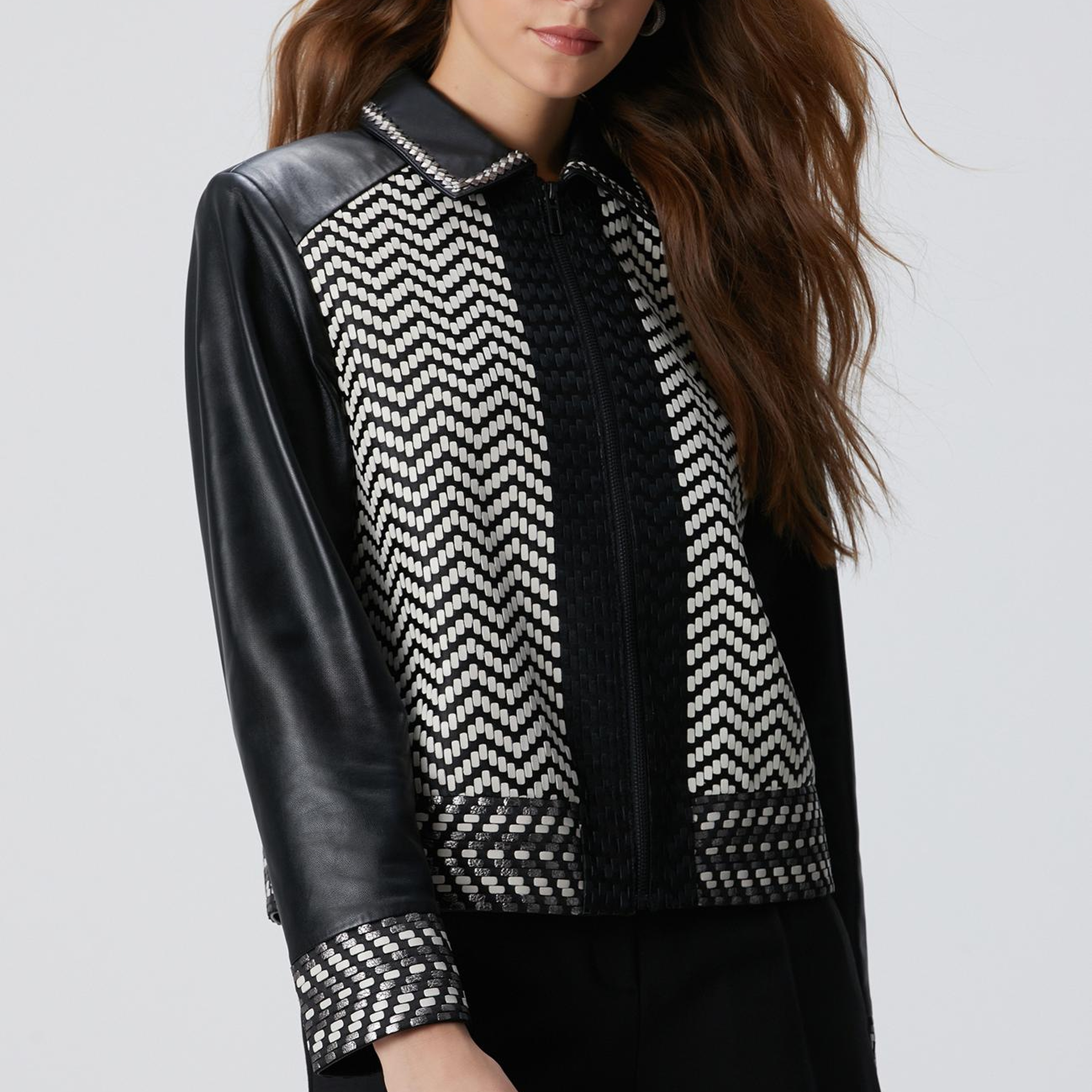 Network Kadın Limited Siyah Beyaz Örgü Detaylı Deri Mont